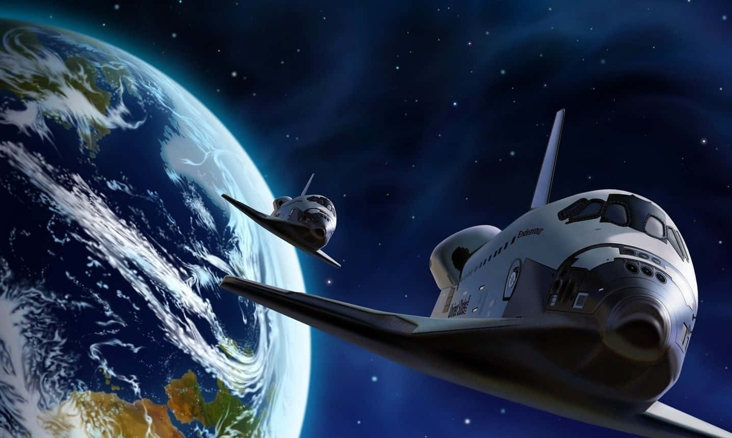 Space Mission 桌布 壁紙 — 兩架太空梭在繁星點點的太空翱翔，地球的藍色海洋和綠色大陸在下方閃耀。