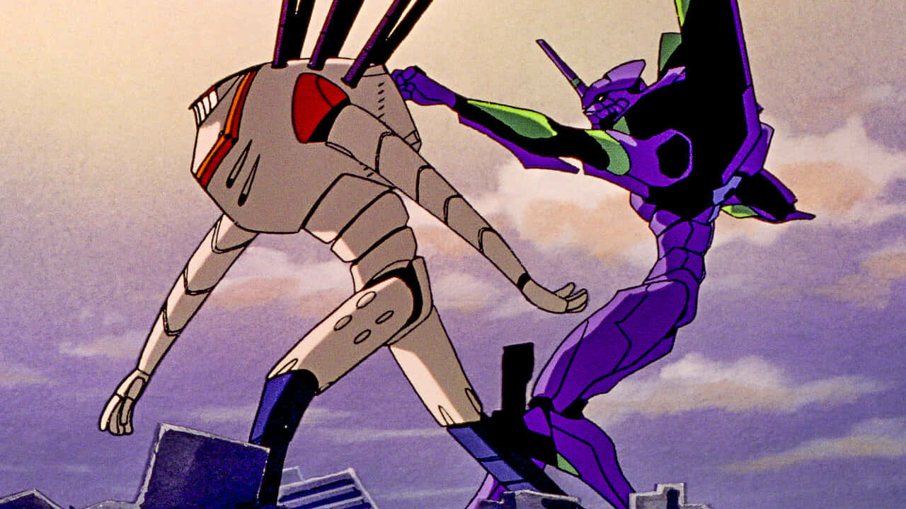 Evangelion 30 10 桌布 壁紙 — 兩架巨型機器人在空中碰撞，背景是帶有紫色和橙色色調的多雲天空。