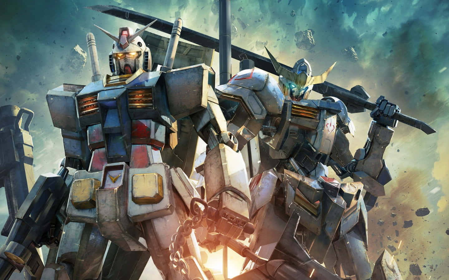 Gundam Desktop 桌布 壁紙 — 兩架巨型機甲在塵土飛揚的戰場上碰撞，眼睛發光，碎片四處飛舞。