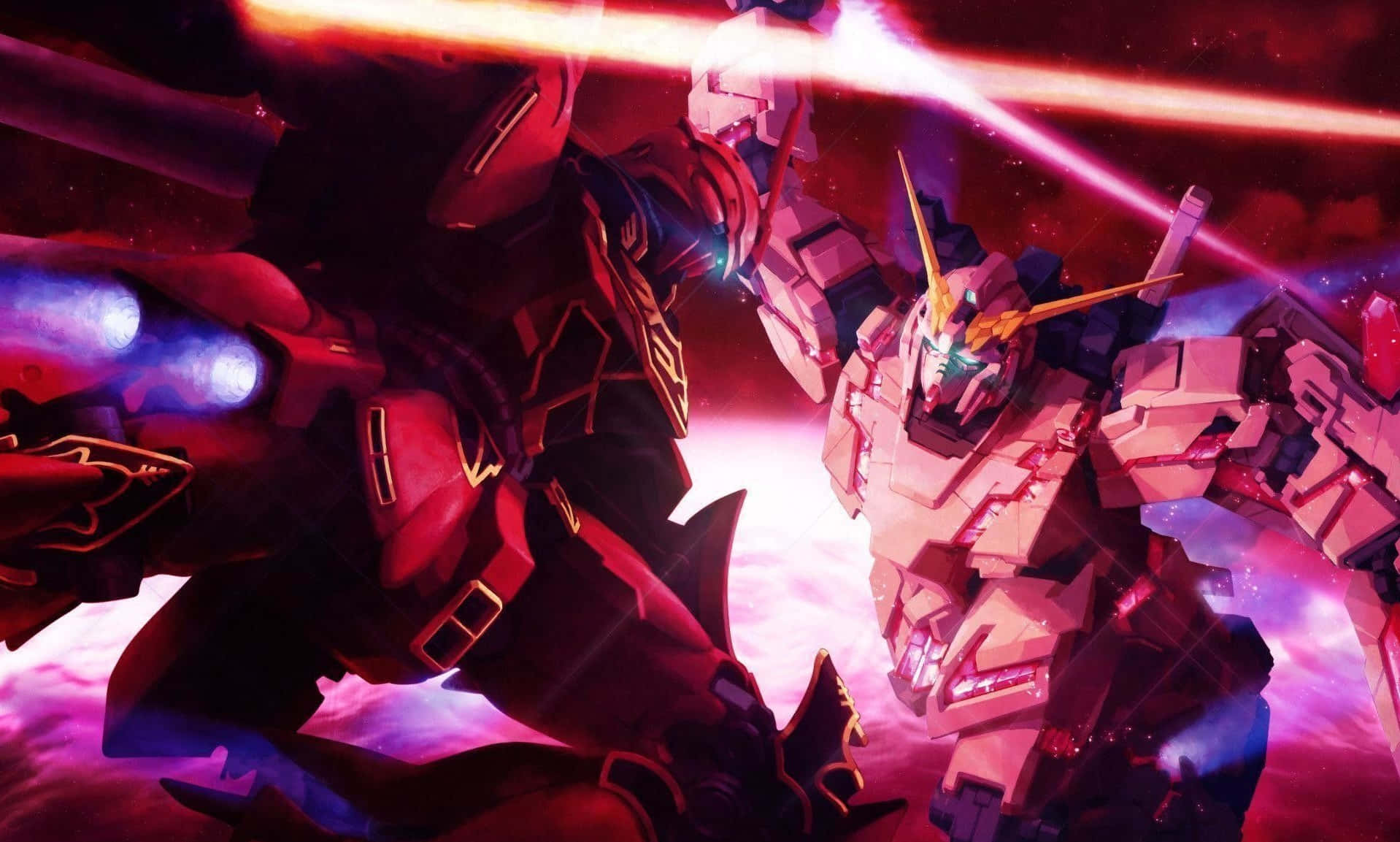 Gundam Unicorn 桌布 壁紙 — 兩架巨型機甲在宇宙戰鬥中碰撞，背景有發光的射線和充滿活力的紫色星雲。