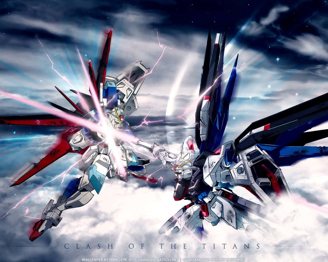 Gundam Desktop 桌布 壁紙 — 兩架巨型機甲在暴風雲和閃電中於半空碰撞，發出發光的能量光束。