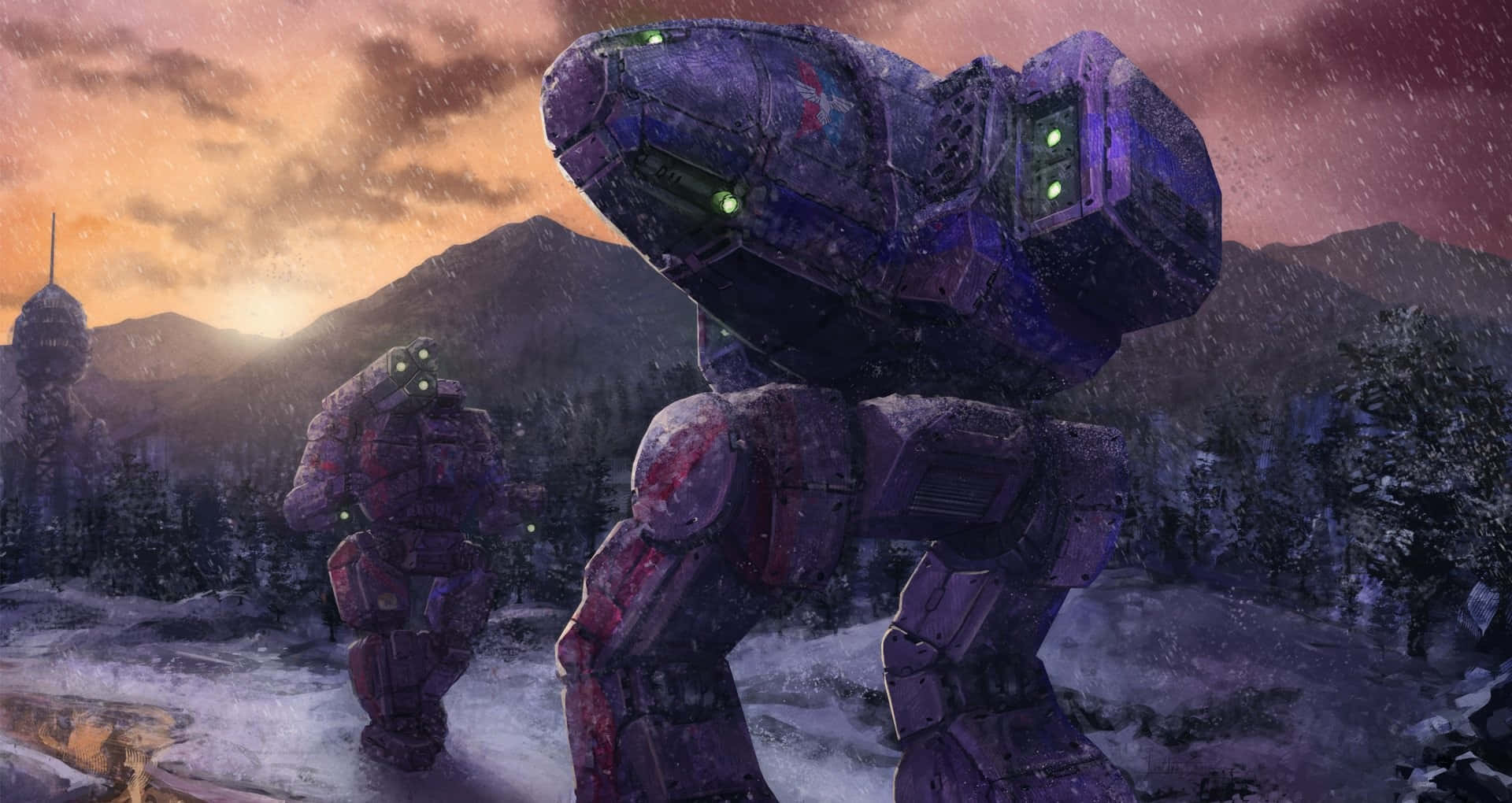 Battletech 桌布 壁紙 — 兩架巨大的紫色戰鬥機甲在日落時分站在白雪覆蓋的山地景觀中，散發著綠色光芒的眼睛。