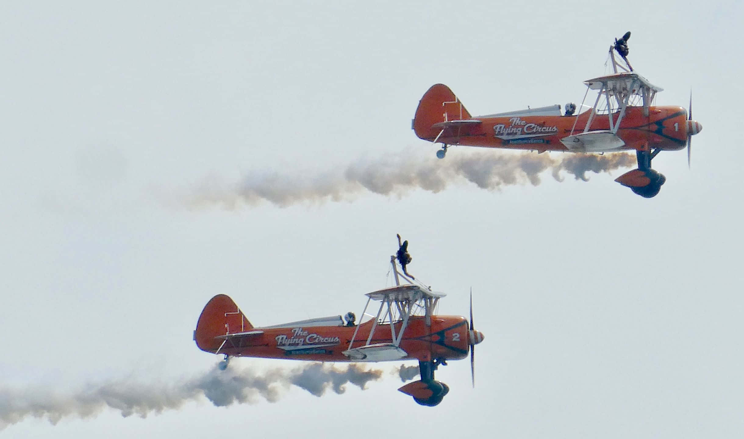 2440x1440 Small Planes 桌布 壁紙 — 兩架帶有「The Flying Circus」品牌的橙色雙翼飛機編隊飛行，在蒼白的天空中釋放煙跡。