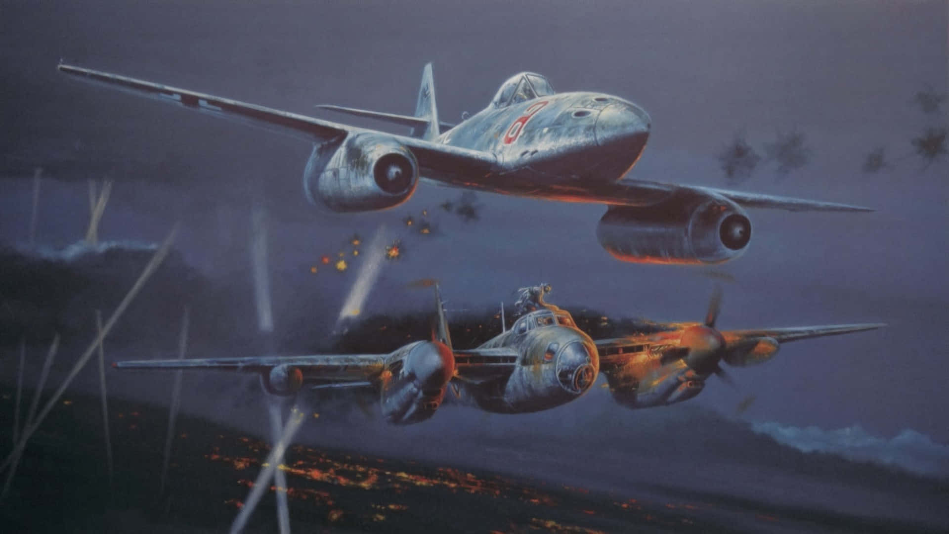 Aviation 桌布 壁紙 — 兩架復古戰鬥機在暮色天空中翱翔，下方是發光的城市景觀，伴隨著熾熱的爆炸和曳光彈。