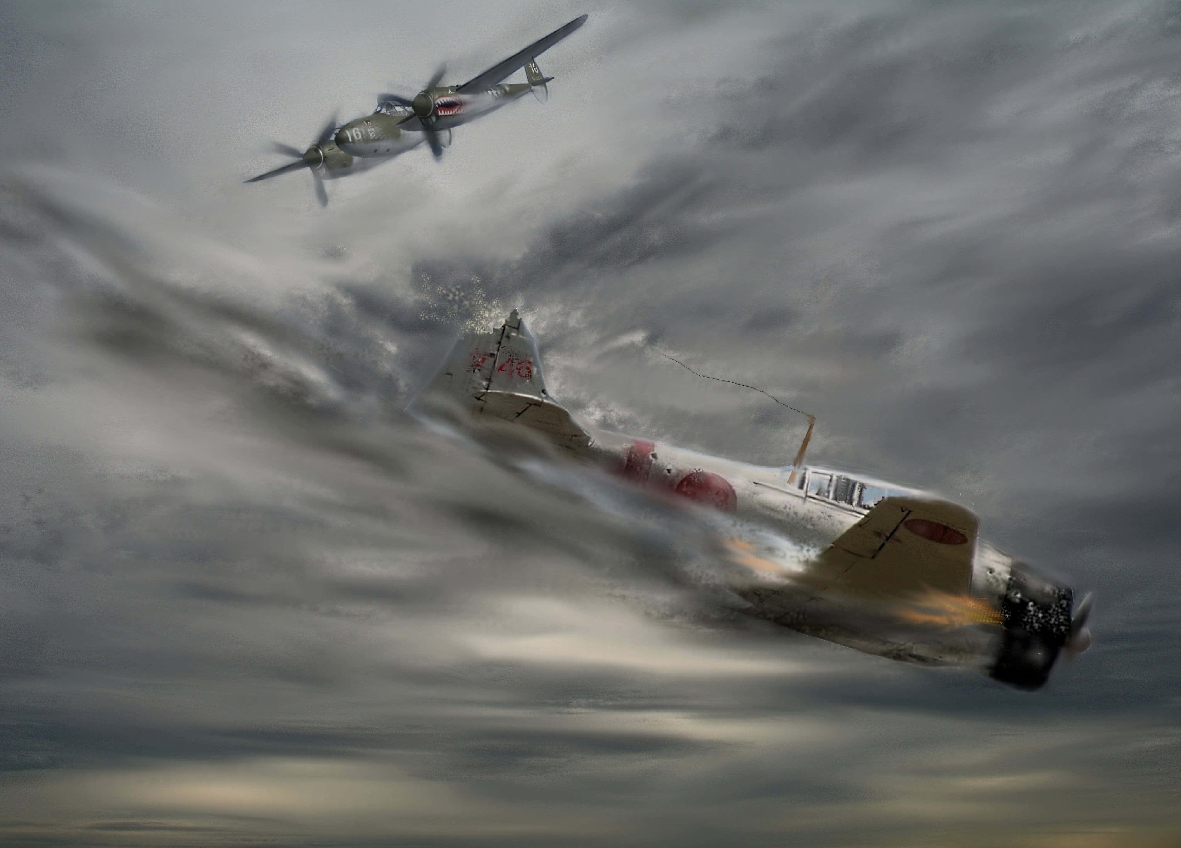 Military Plane 桌布 壁紙 — 兩架復古戰鬥機在暴風雨的天空中纏鬥，帶有戲劇性的動態模糊和煙霧軌跡。