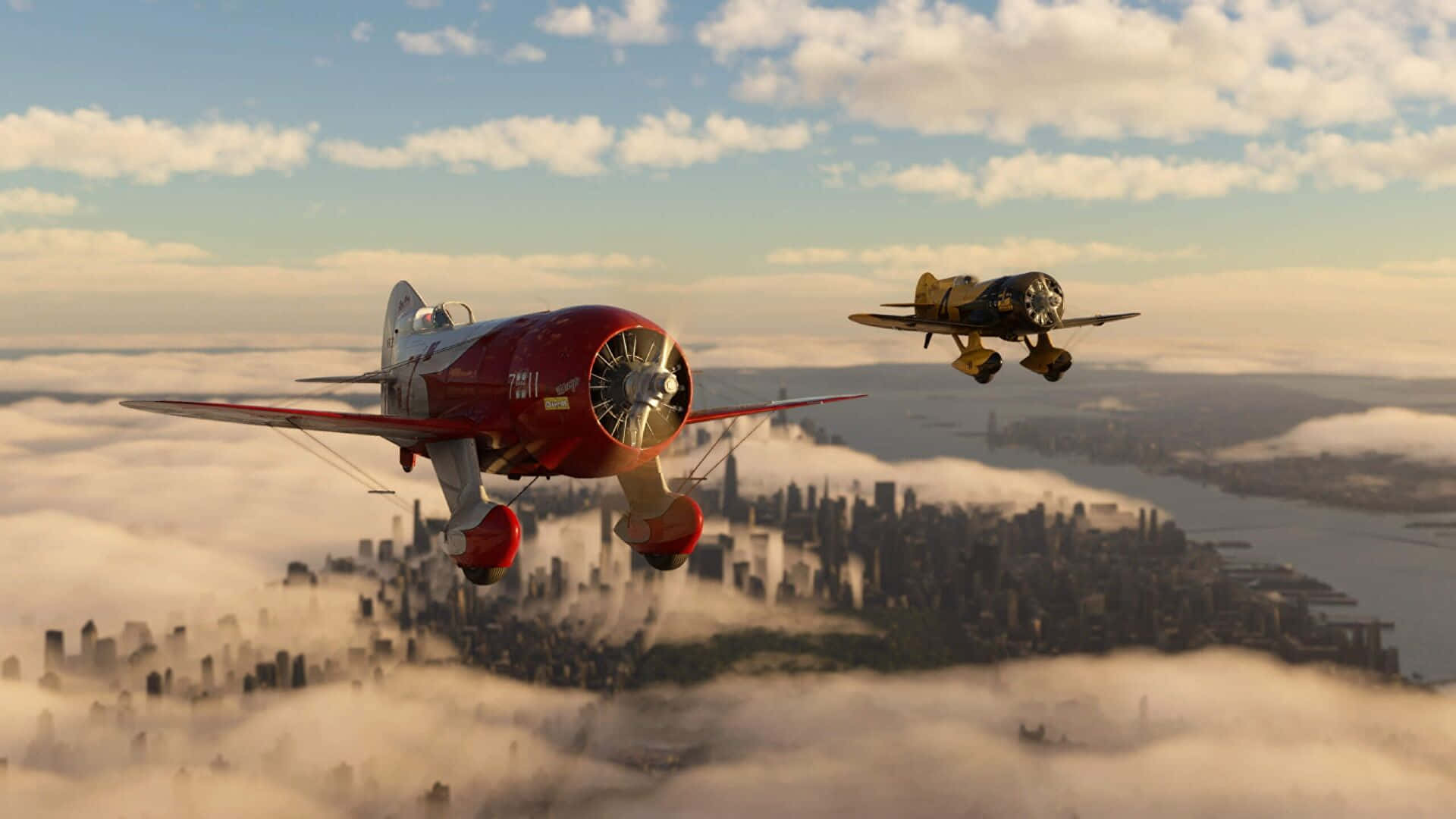 1080p Microsoft Flight Simulator 桌布 壁紙 — 兩架復古戰鬥機在黃金時刻翱翔於雲層中的城市上空。