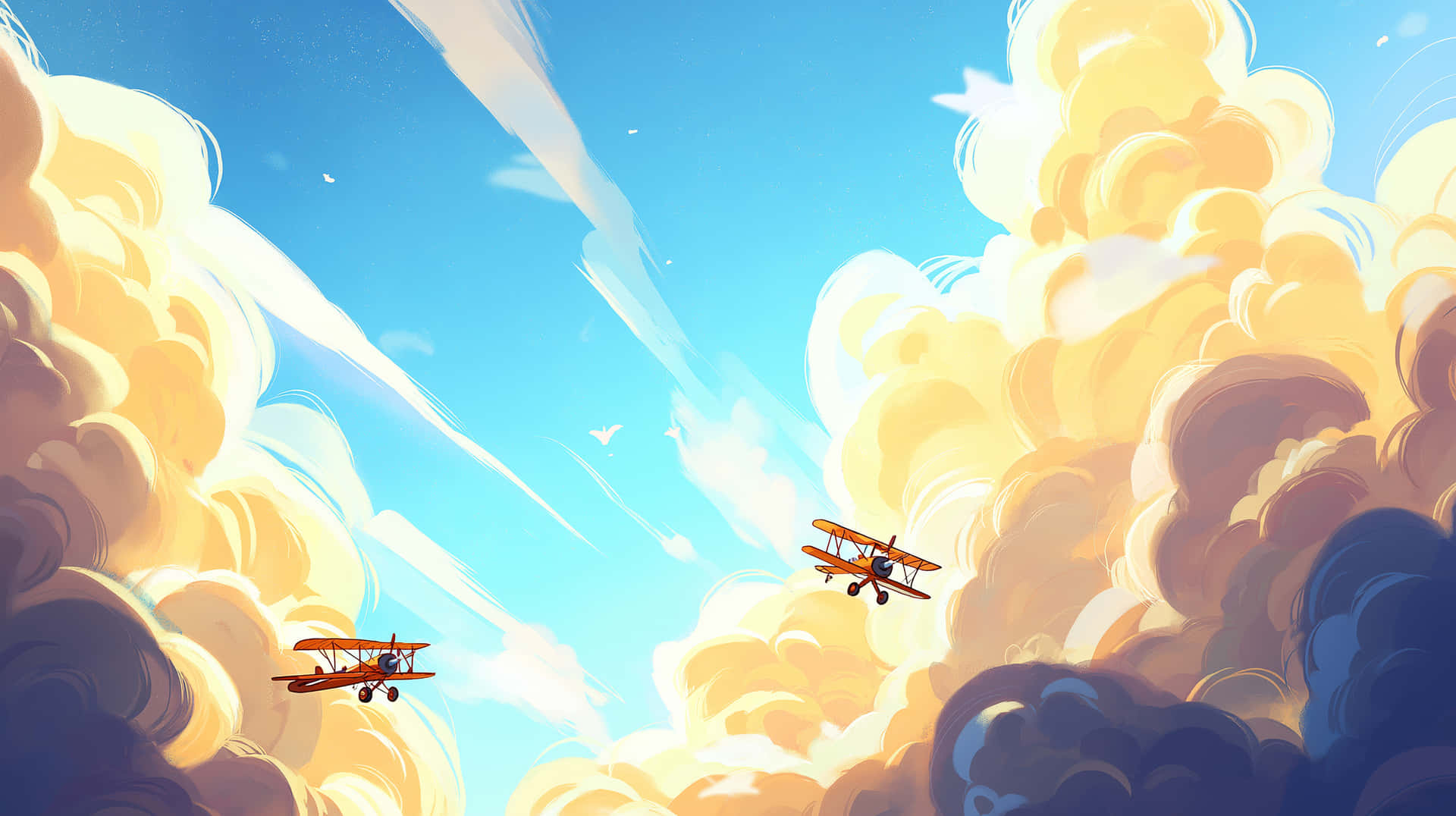 Cartoon Bi-planes Flying Through Fluffy Evening Clouds 壁紙 — 兩架復古橙色雙翼飛機在金色和深色雲朵環繞的鮮豔藍天中翱翔。