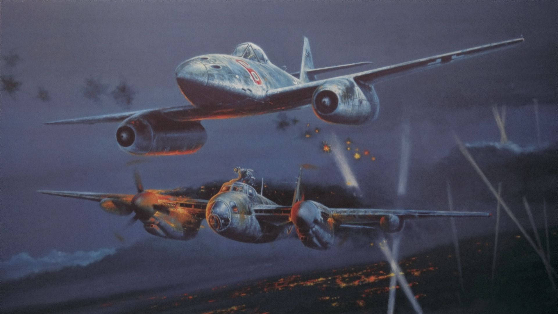 Ww2 桌布 壁紙 — 兩架復古軍用噴射機在暮色天空中翱翔，穿越山區地形上熾熱的爆炸和曳光彈。
