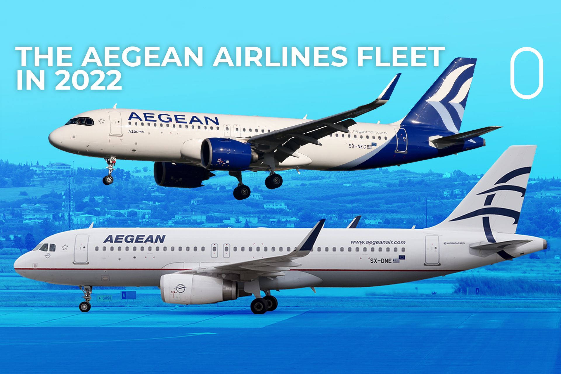 Plane 桌布 壁紙 — 兩架愛琴海航空的空中巴士A320，一架在空中，另一架在跑道上，背景是湛藍的天空，下方是城市景觀。