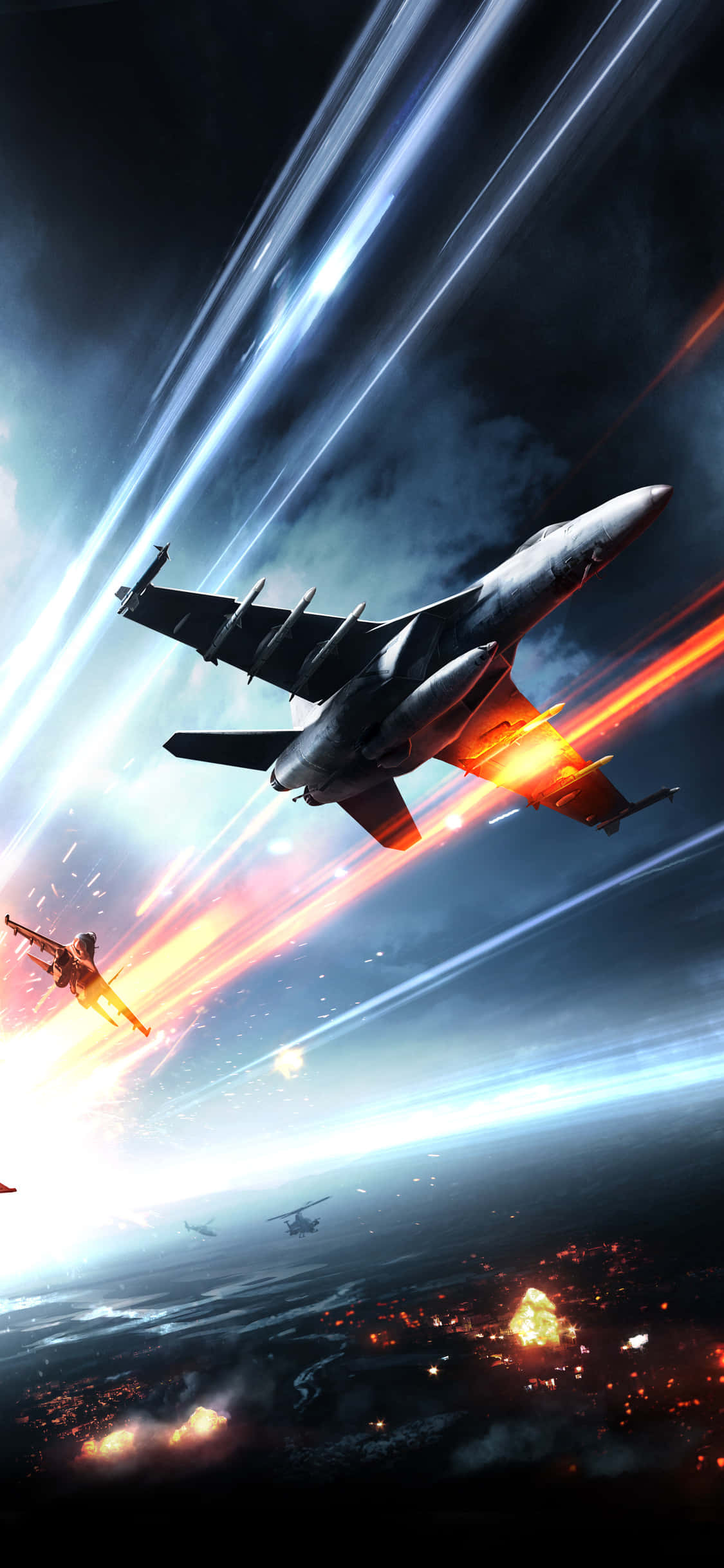iPhone Xs Battlefield 3 桌布 壁紙 — 兩架戰鬥機劃過黑暗的天空，在下方燃燒的戰場上留下火熱的痕跡。