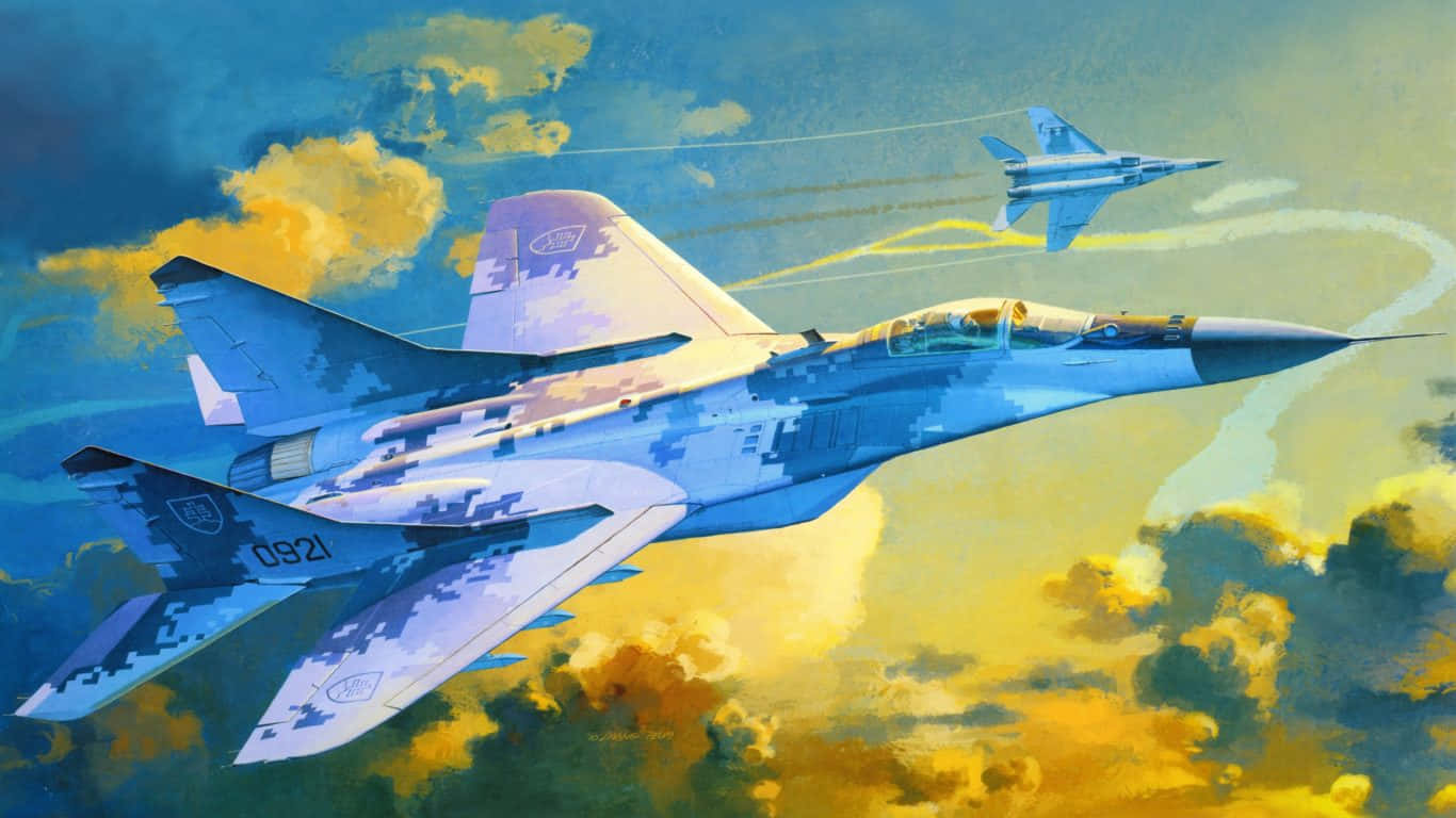 paint 桌布 壁紙 — 兩架戰鬥機在充滿活力的天空中翱翔，身後留下黃色雲彩和凝結尾跡。
