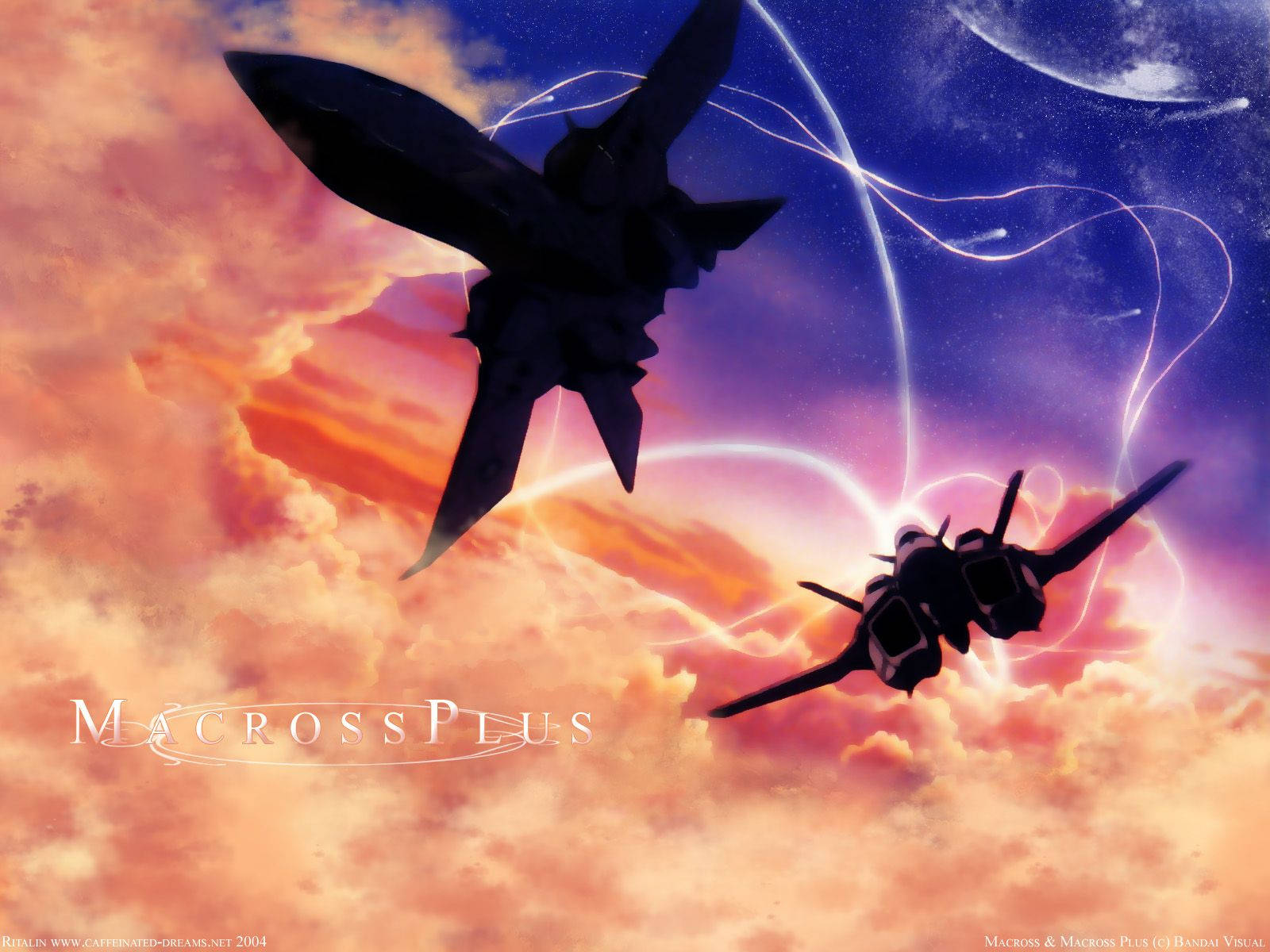 Macross 桌布 壁紙 — 兩架戰鬥機在充滿活力的日落天空中翱翔，帶有發光的能量軌跡和上方的彎月。