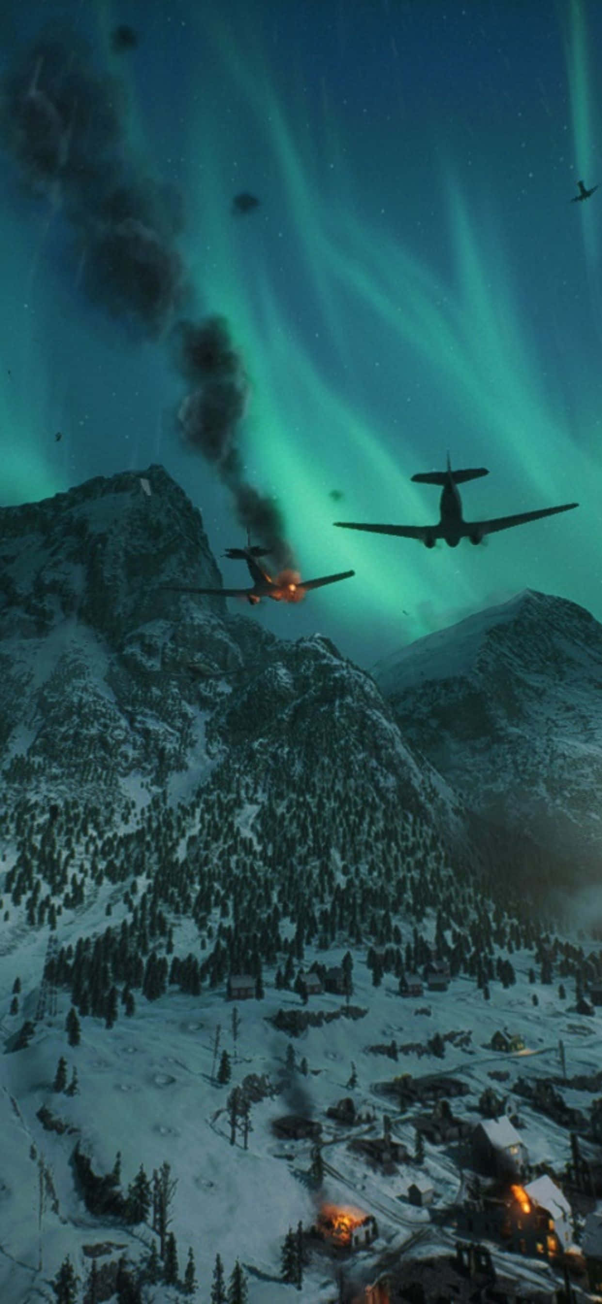 HD Battlefield V 桌布 壁紙 — 兩架戰鬥機在積雪的山脈上空，在充滿活力的綠色北極光下戰鬥。