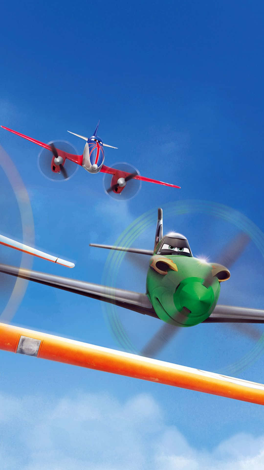 Android Small Planes 桌布 壁紙 — 兩架擬人化螺旋槳飛機在晴朗的藍天中翱翔，帶有動態模糊軌跡。
