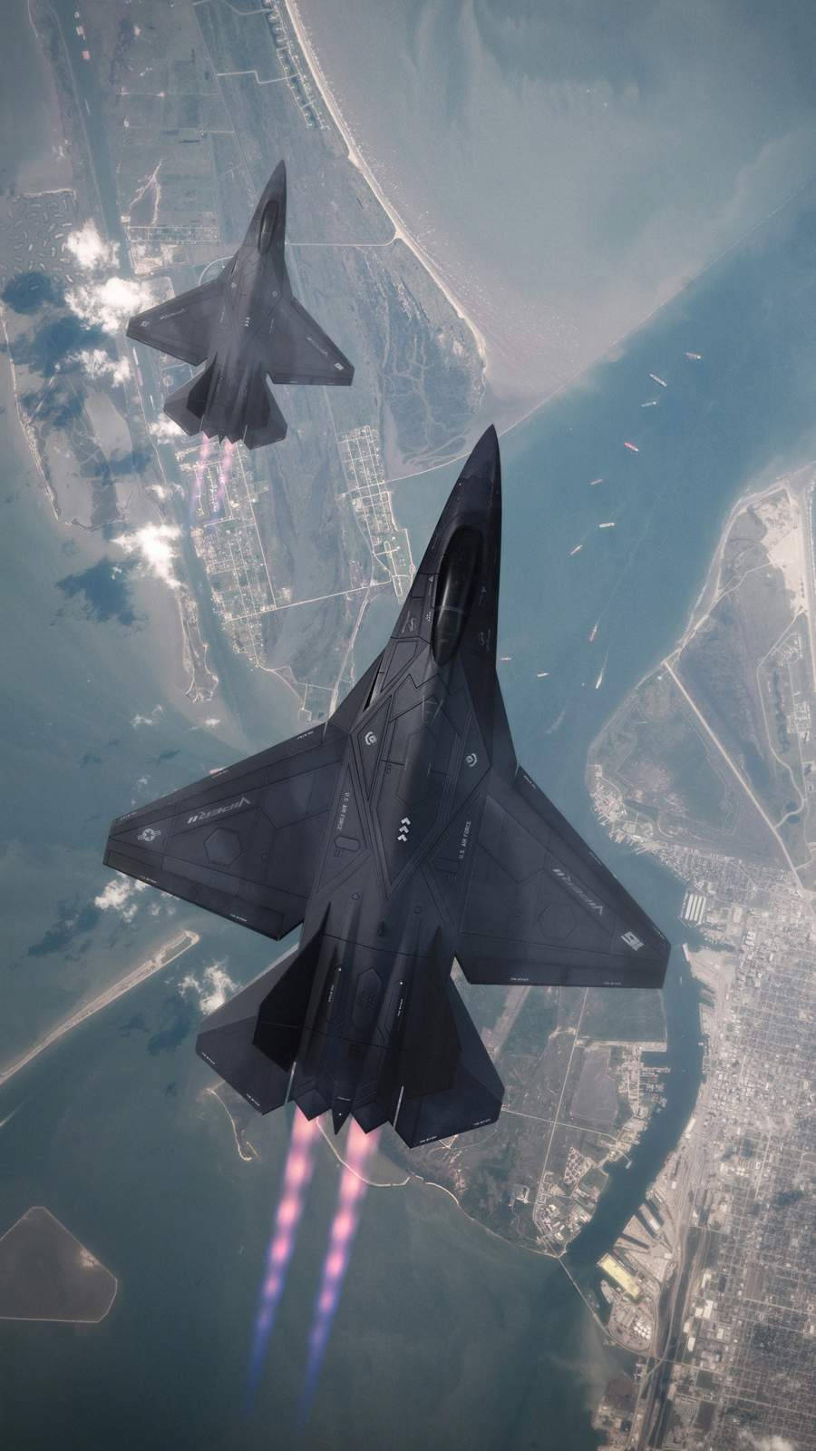 jet iPhone 桌布 壁紙 — 兩架時尚的黑色戰鬥機在沿海城市上空翱翔，身後拖著發光的後燃器。
