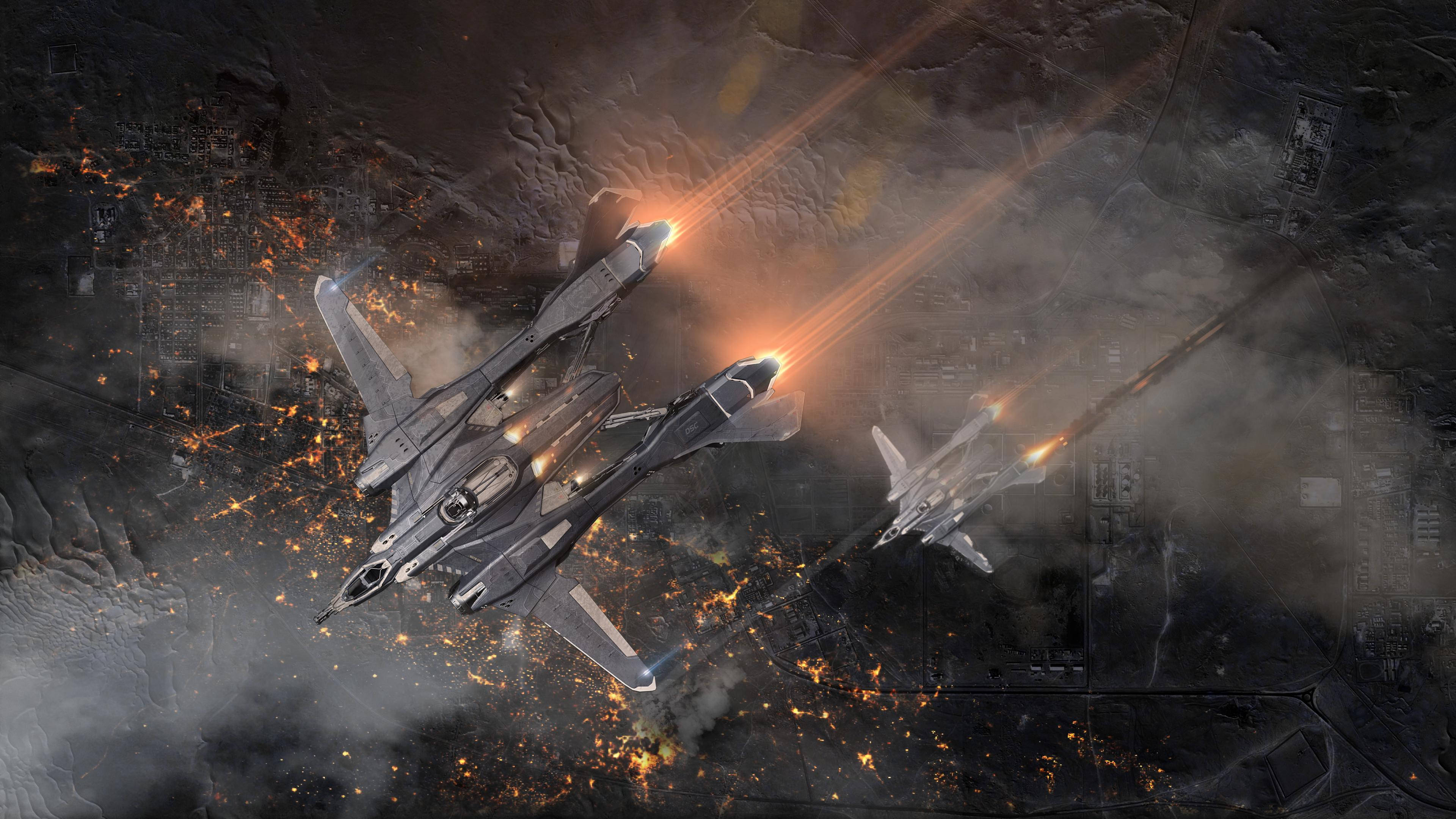 Star Citizen 桌布 壁紙 — 兩架未來戰機在夜晚穿過煙霧和火焰，翱翔於燃燒的城市景觀之上。