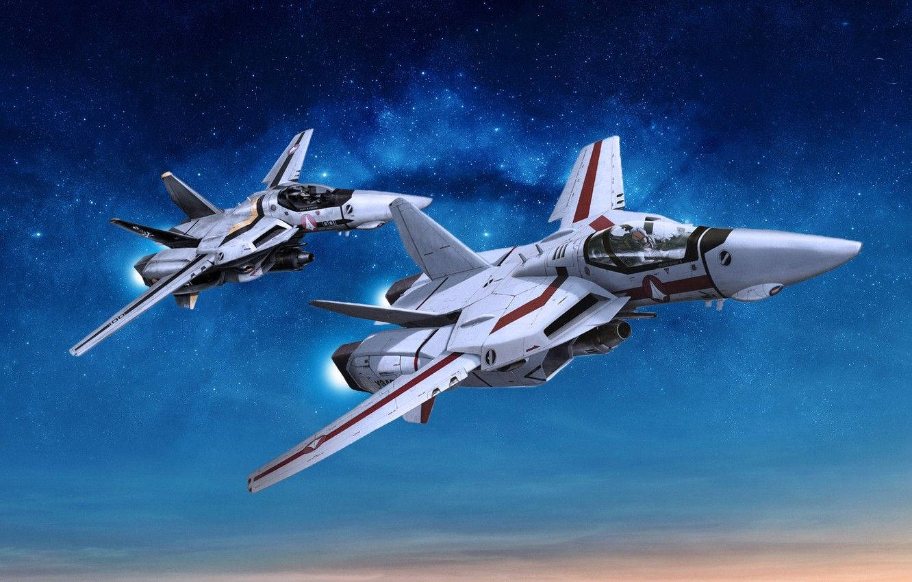 Macross 桌布 壁紙 — 兩架未來戰機在星光燦爛的暮色天空中翱翔，引擎發光並帶有紅色點綴。