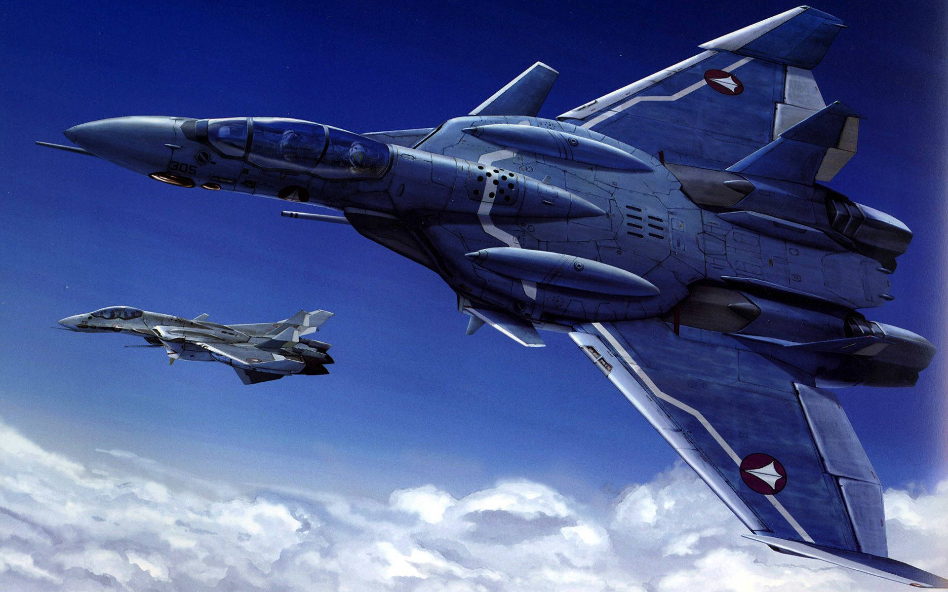 Macross 桌布 壁紙 — 兩架流線型戰鬥機在晴朗的藍天中翱翔，飛越 fluffy 白色雲朵，金屬表面細節豐富。