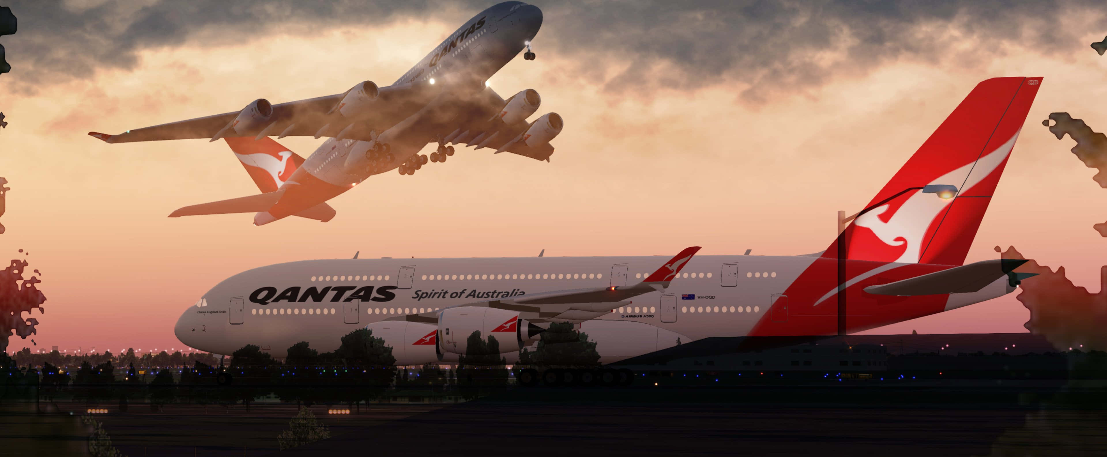Plane 桌布 壁紙 — 兩架澳洲航空空中巴士A380在日落時分翱翔與休憩，下方有火紅的橙色雲朵和機場燈光閃爍。