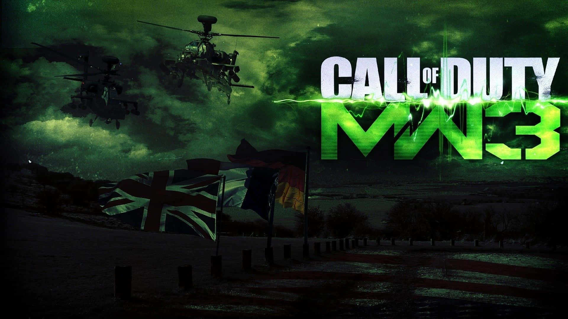 Call Of Duty Modern Warfare 3 桌布 壁紙 — 兩架直升機在詭異的綠色天空下飛越戰場，旗幟和 Call of Duty MW3 標誌閃閃發光。
