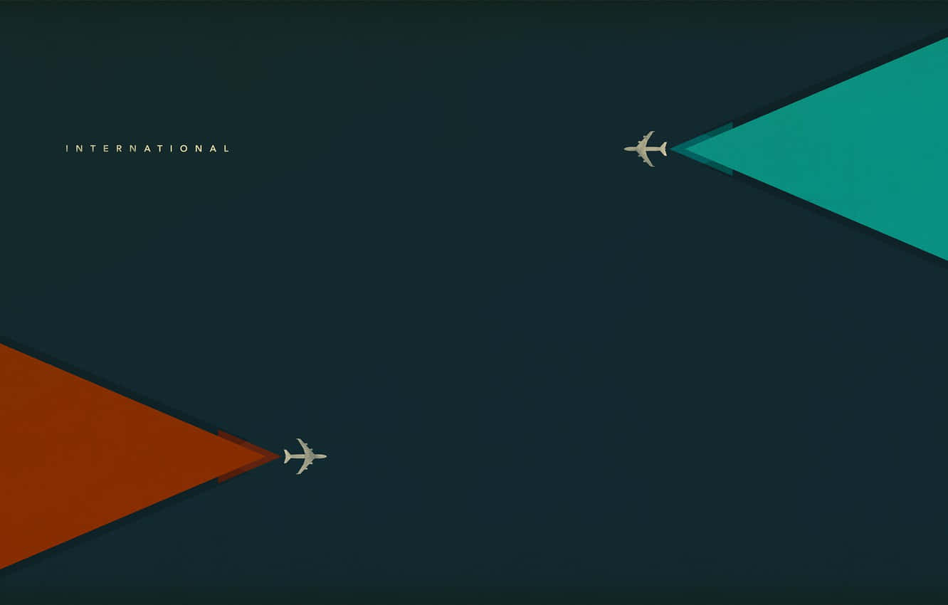 Beautiful Minimalist 桌布 壁紙 — 兩架簡約飛機飛向色彩繽紛的幾何三角形，背景為深青色，並帶有international字樣。