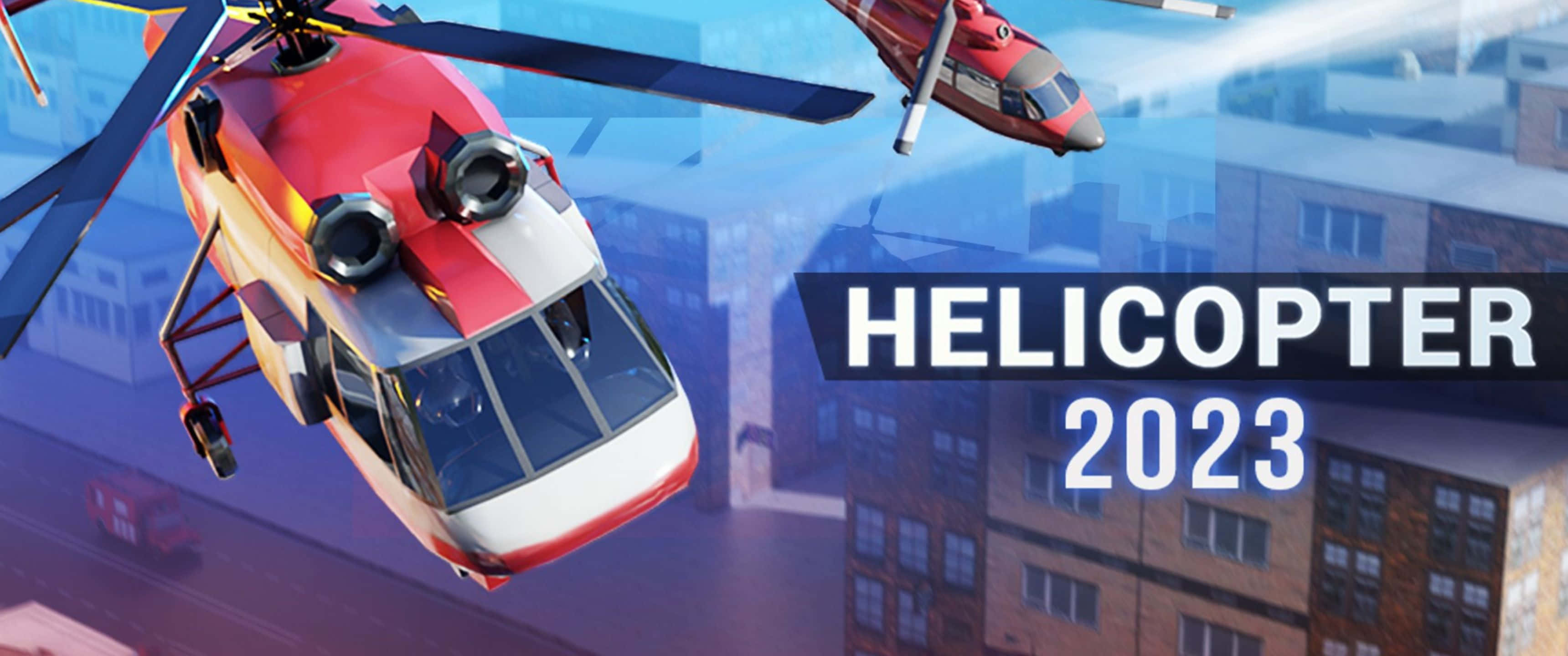 3440x1440p Helicopters 桌布 壁紙 — 兩架紅白相間的直升機在風格化的城市景觀上空動態飛行，並帶有粗體文字 'HELICOPTER 2023'。