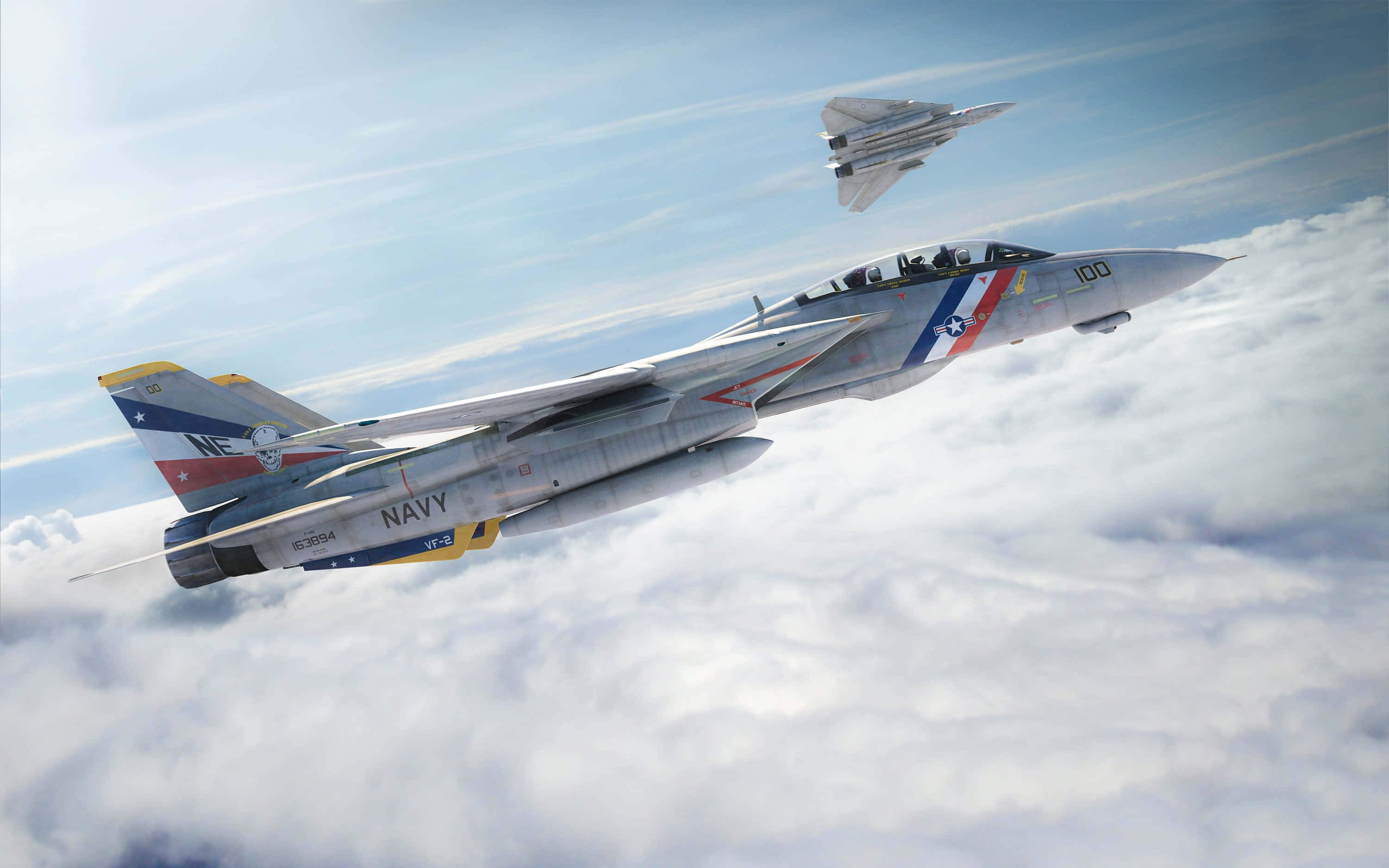 Aircraft 桌布 壁紙 — 兩架美國海軍戰鬥機在明亮的藍天下翱翔於蓬鬆的白雲之上。