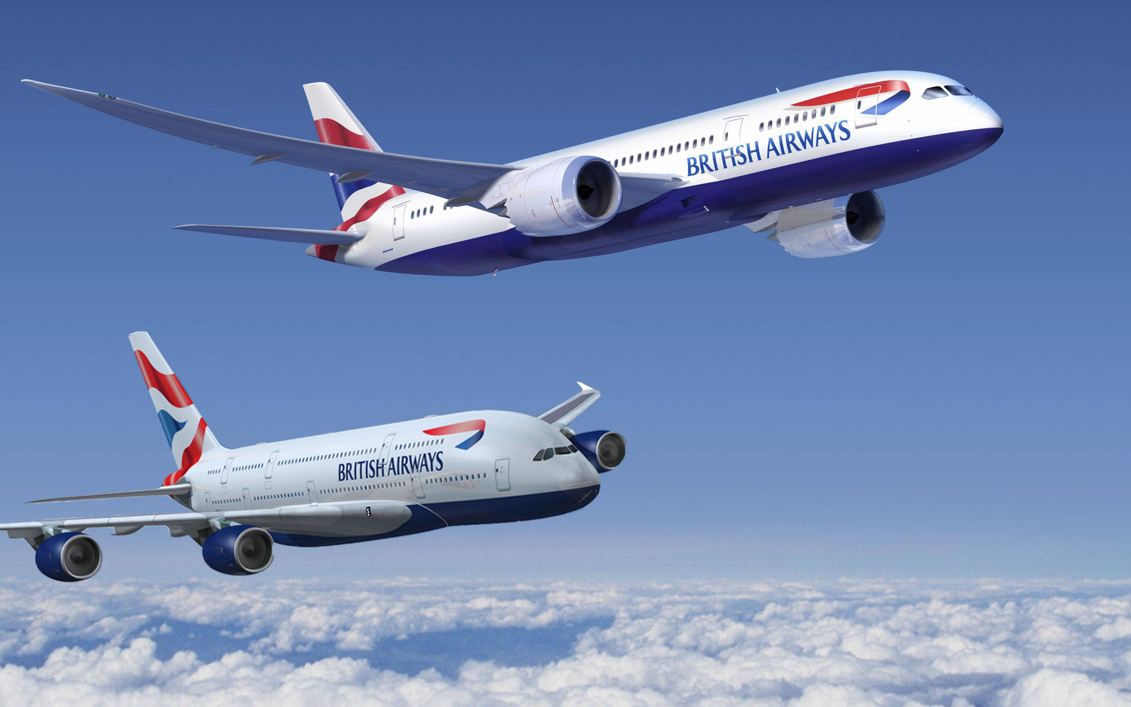 飛機 桌布 壁紙 — 兩架英國航空噴射機在晴朗藍天下翱翔於蓬鬆白雲之上。