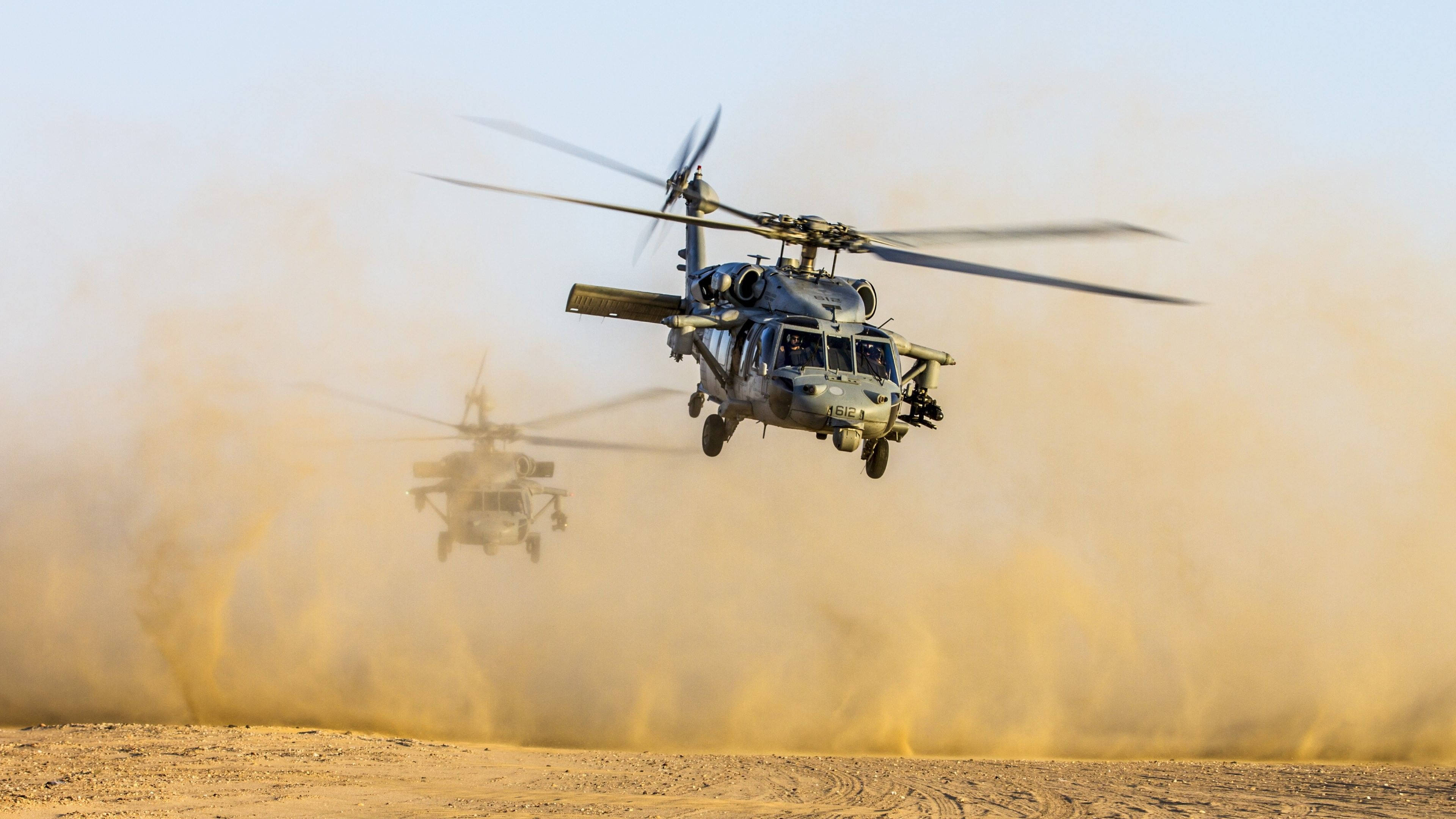 Black Hawk Helicopter 桌布 壁紙 — 兩架軍用直升機低空盤旋在沙漠上空，揚起金色塵土，展現出力量與動感的動態畫面。