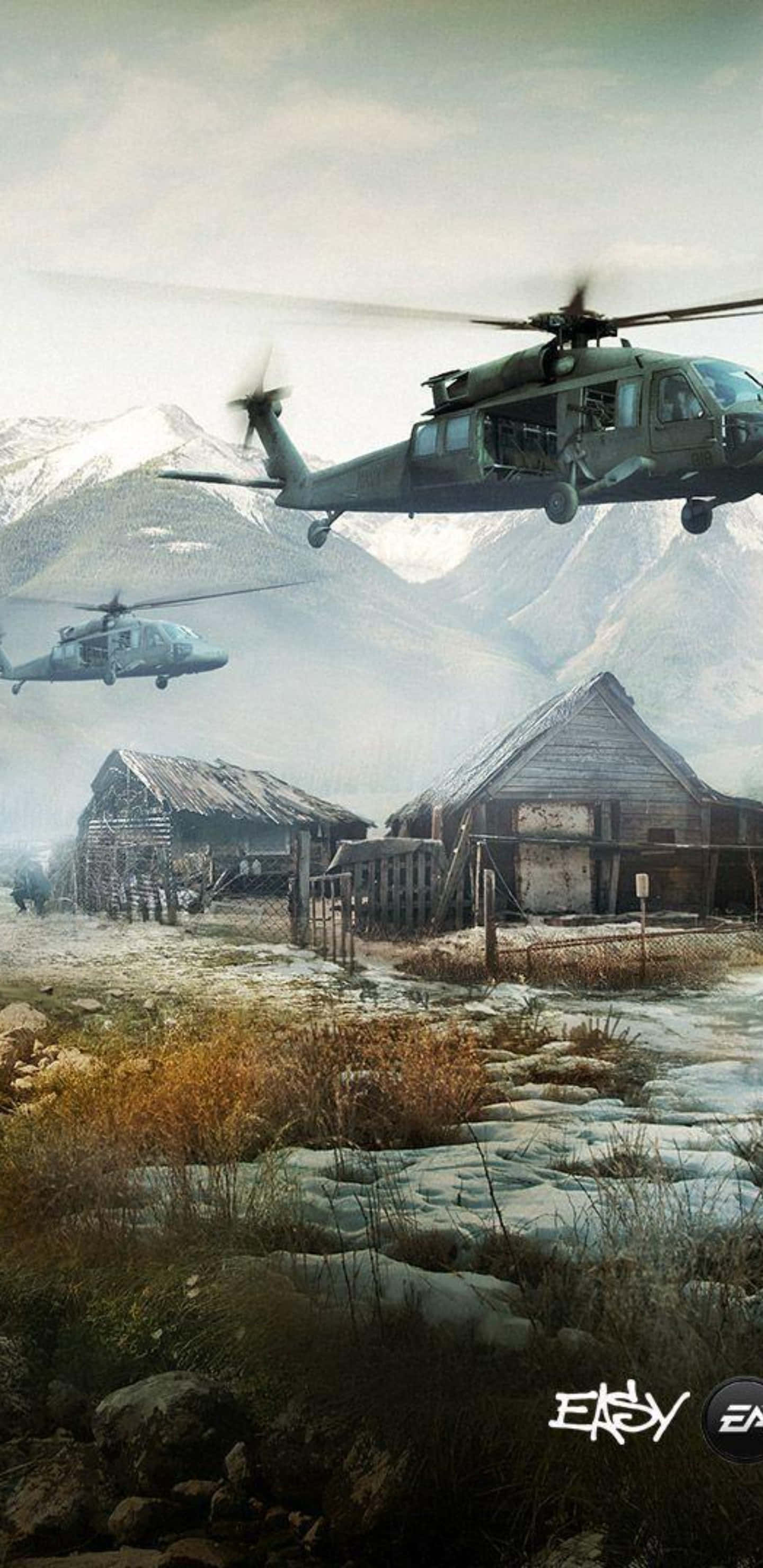 Pixel 3xl Battlefield 4 桌布 壁紙 — 兩架軍用直升機低飛過一個積雪的山村，村內有歷經風霜的木屋。