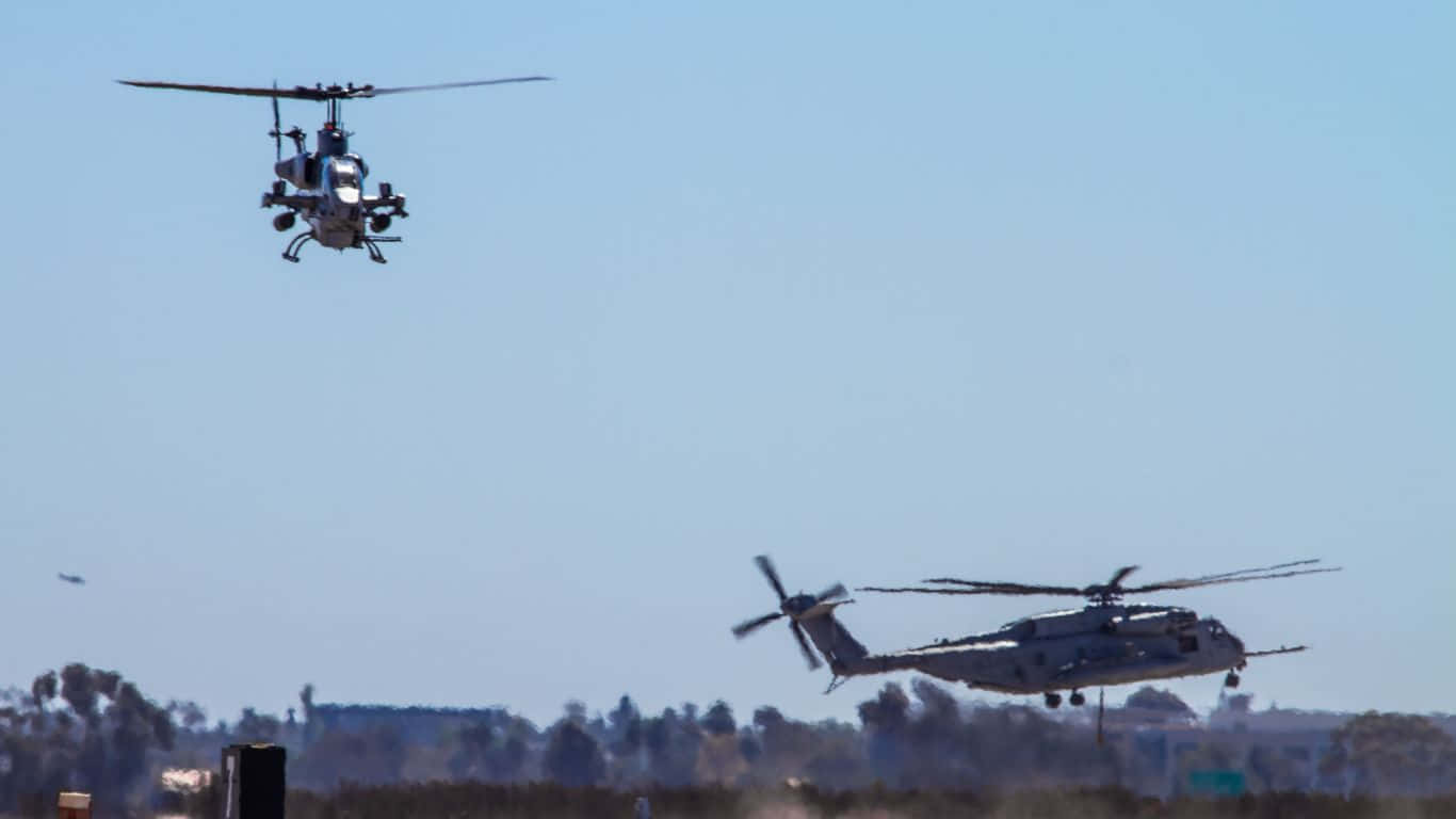 1366x768 Helicopters 桌布 壁紙 — 兩架軍用直升機在晴朗的藍天下，於遠處樹線上空編隊飛行。