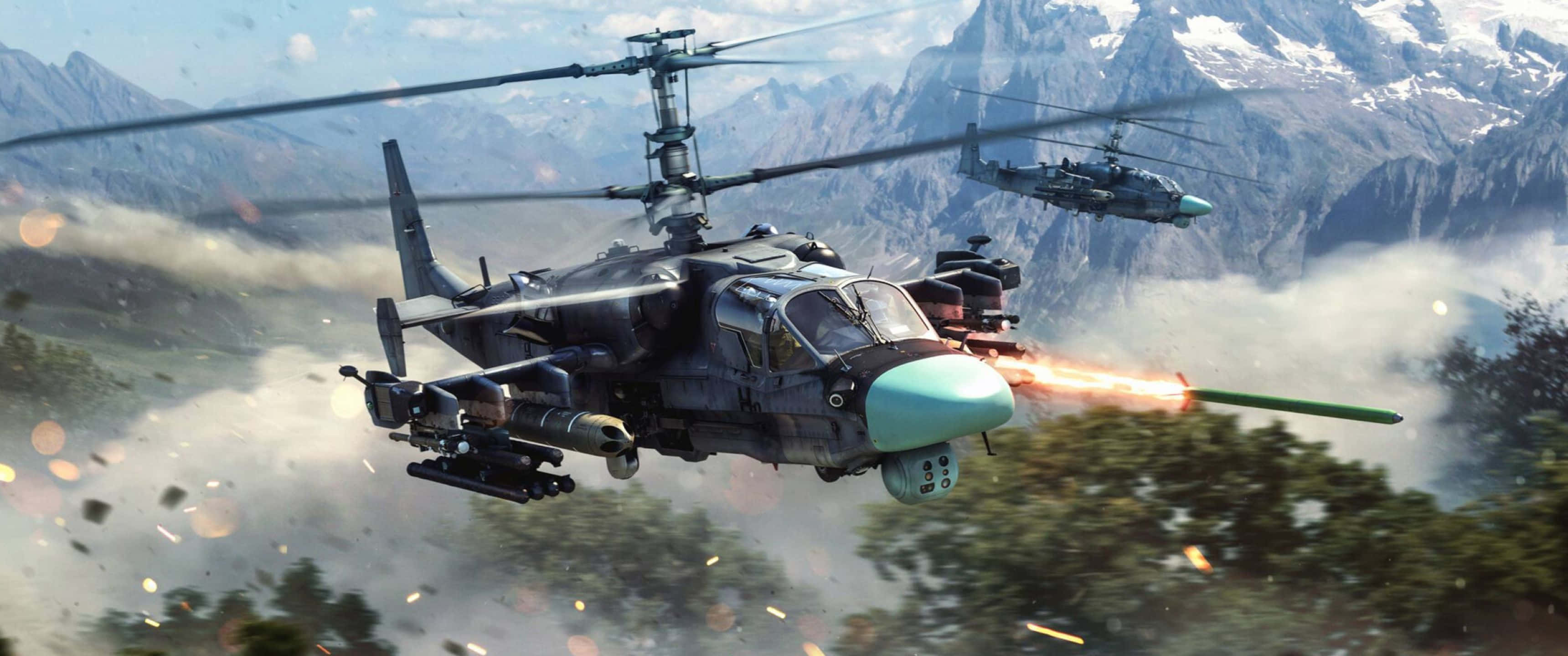 3440x1440p Helicopters 桌布 壁紙 — 兩架軍用直升機在積雪的山脈上空發射飛彈，下方的山谷中發生爆炸並冒出濃煙。