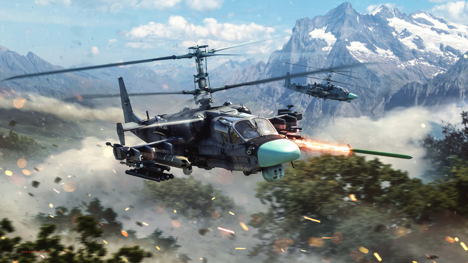 Helicopters 桌布 壁紙 — 兩架軍用直升機在積雪的山脈上空發射導彈，伴隨爆炸和煙霧。