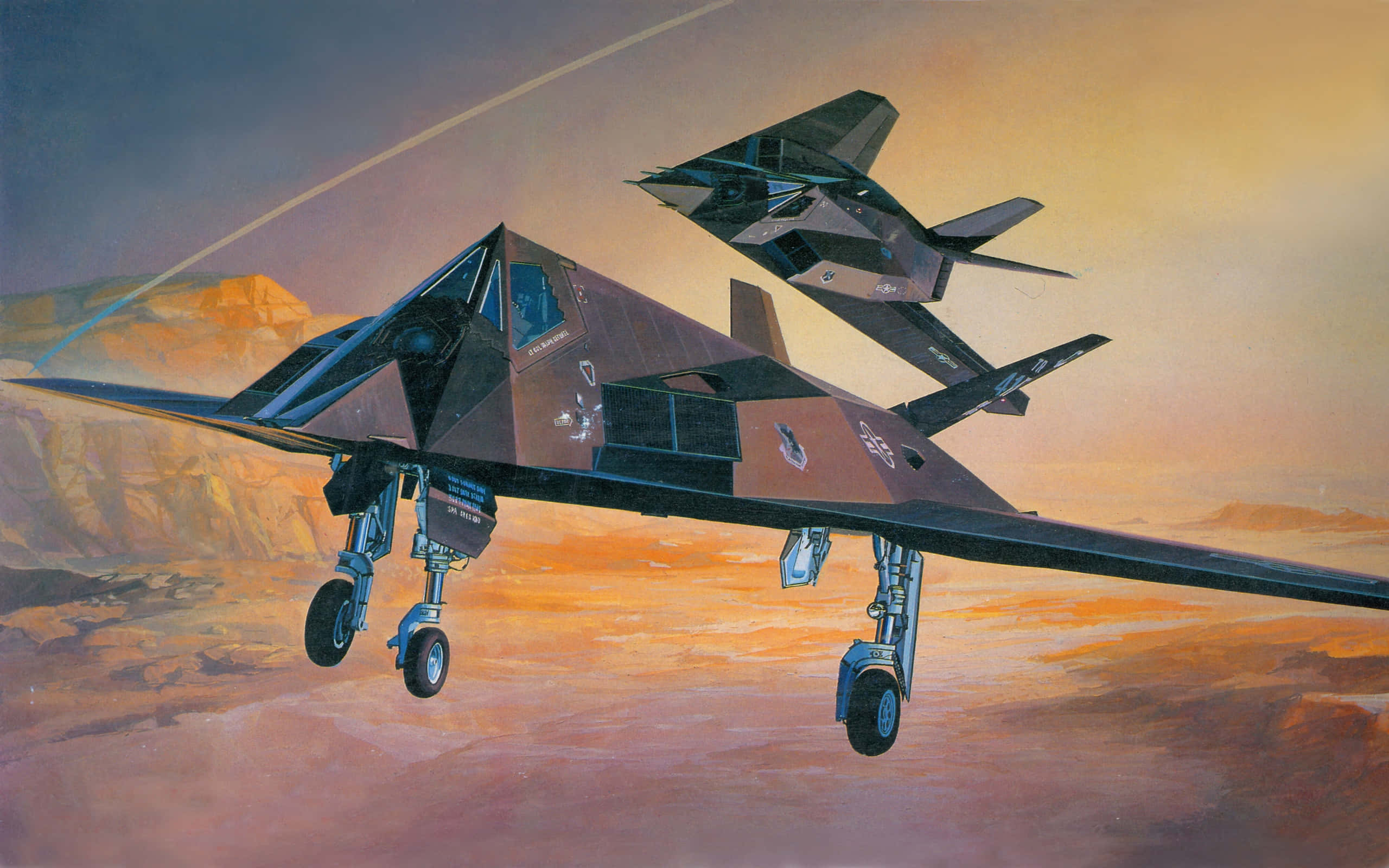 Military Plane 桌布 壁紙 — 兩架隱形戰鬥機在日落時分低飛越過沙漠峽谷，天空呈現橙紫色光芒。