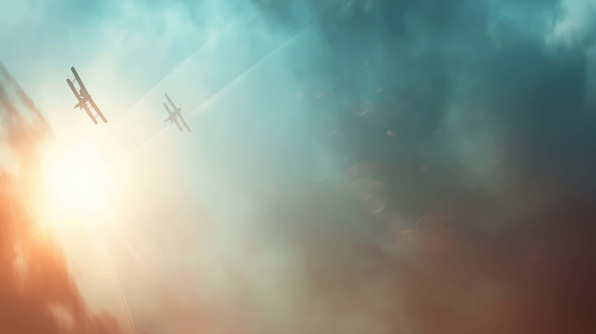 Bi-planes Soaring Through Dynamic Sky with Sunbeams 壁紙 — 兩架雙翼飛機在溫暖橙色和冷調青綠色的戲劇性天空中翱翔，伴隨著太陽爆發和漩渦狀雲彩。