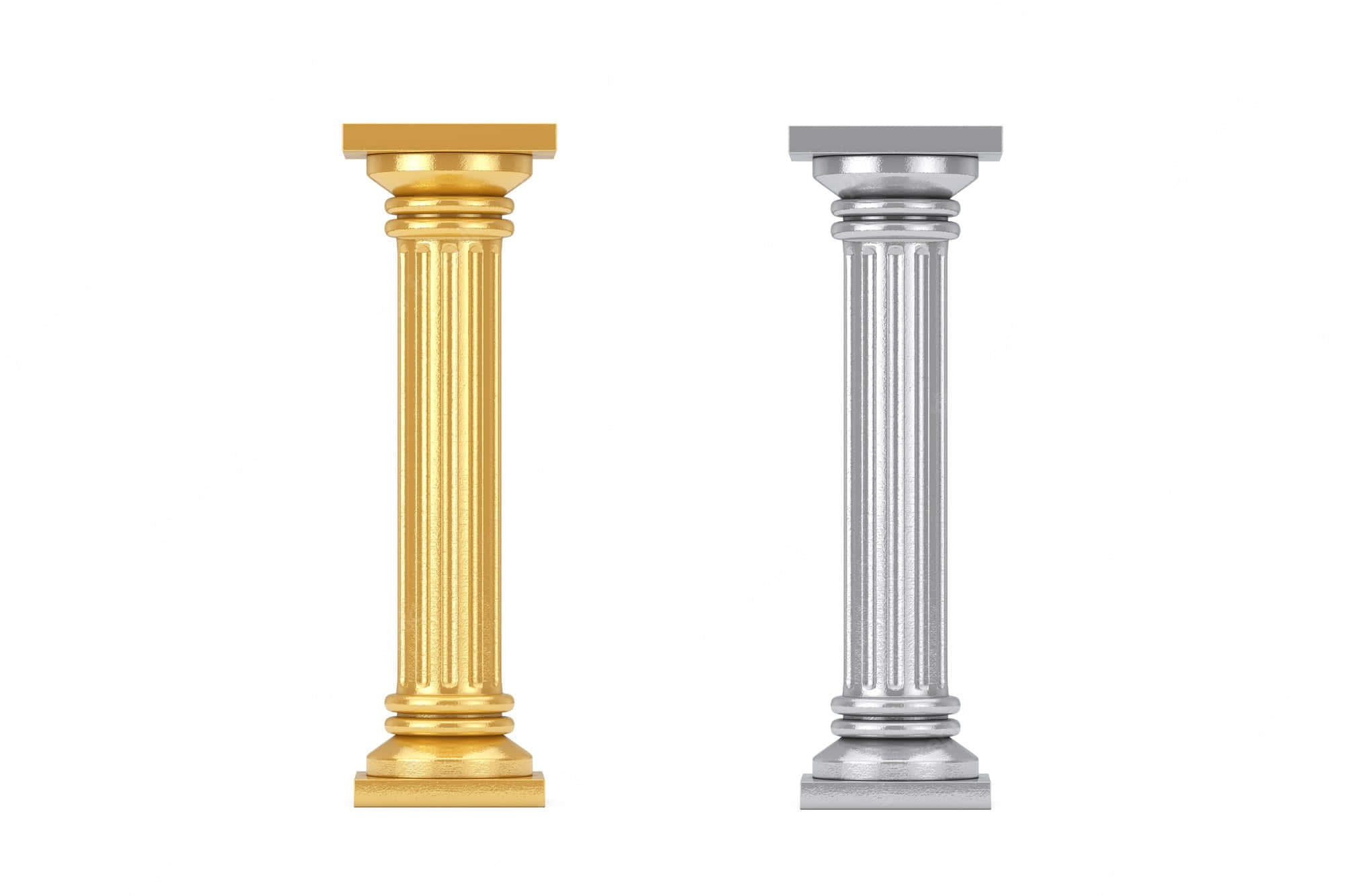 Pillar 桌布 壁紙 — 兩根古典柱子，一金一銀，並排立在潔白的背景前。