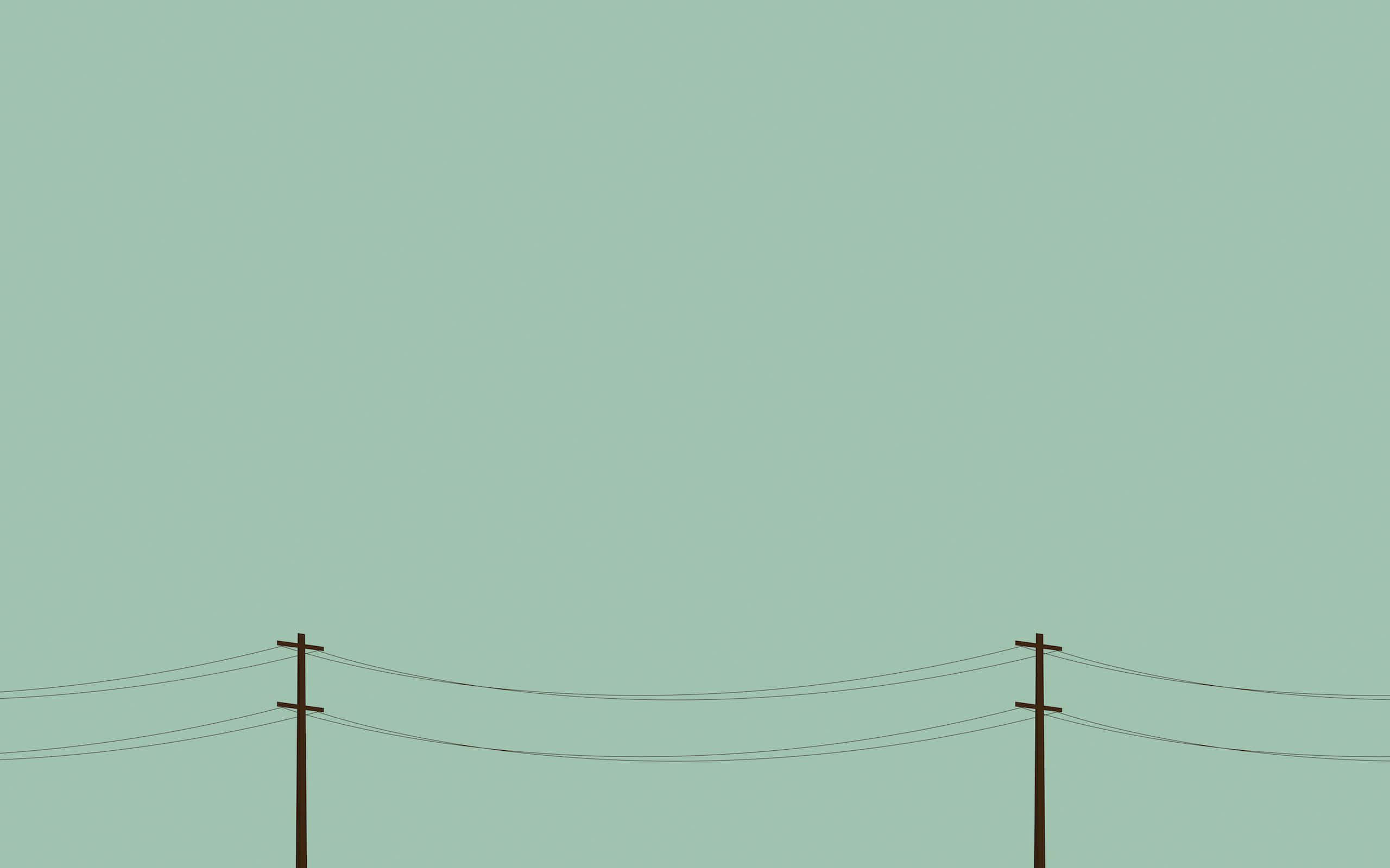 Pastel Minimalist 桌布 壁紙 — 兩根木製電線杆連同電線，在極簡構圖中延伸穿過廣闊的淡綠色天空。