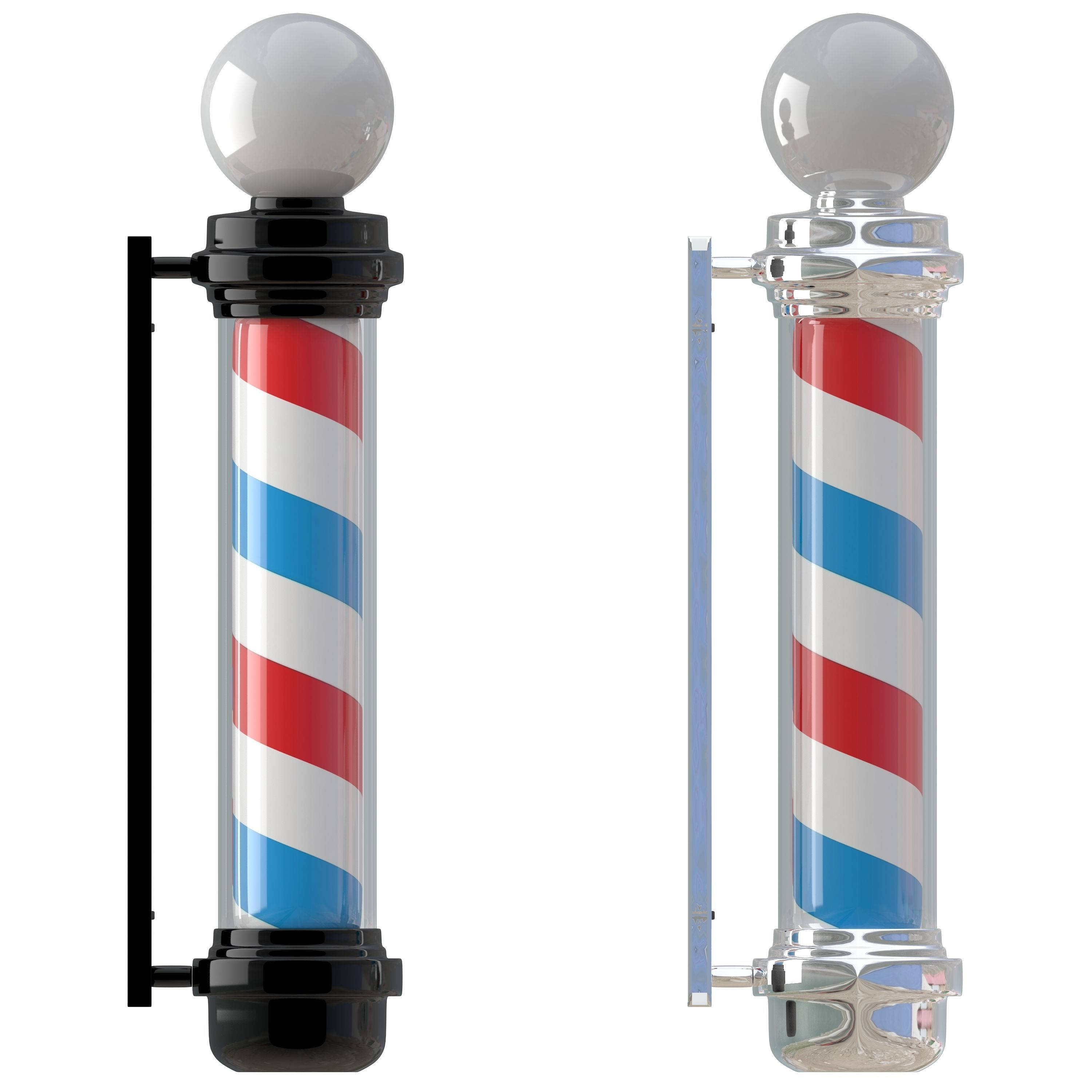 Barber 桌布 壁紙 — 兩根經典理髮柱，帶有紅、白、藍斜條紋，安裝在牆托架上，背景為白色。