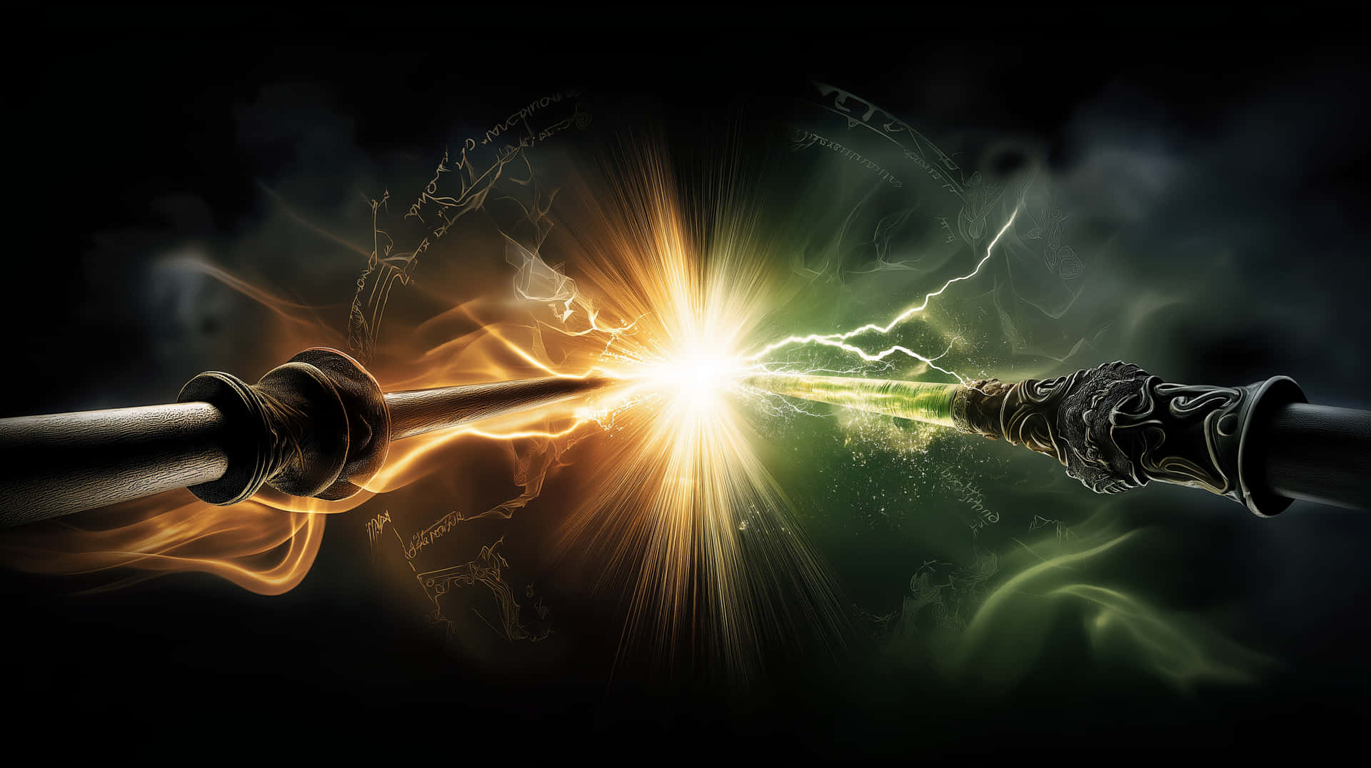Wands Clashing: Dramatic Magic Duel with Energy Burst 壁紙 — 兩根華麗的法杖在空中碰撞，在黑暗神秘的背景下發出火橙色和電光綠色的能量。