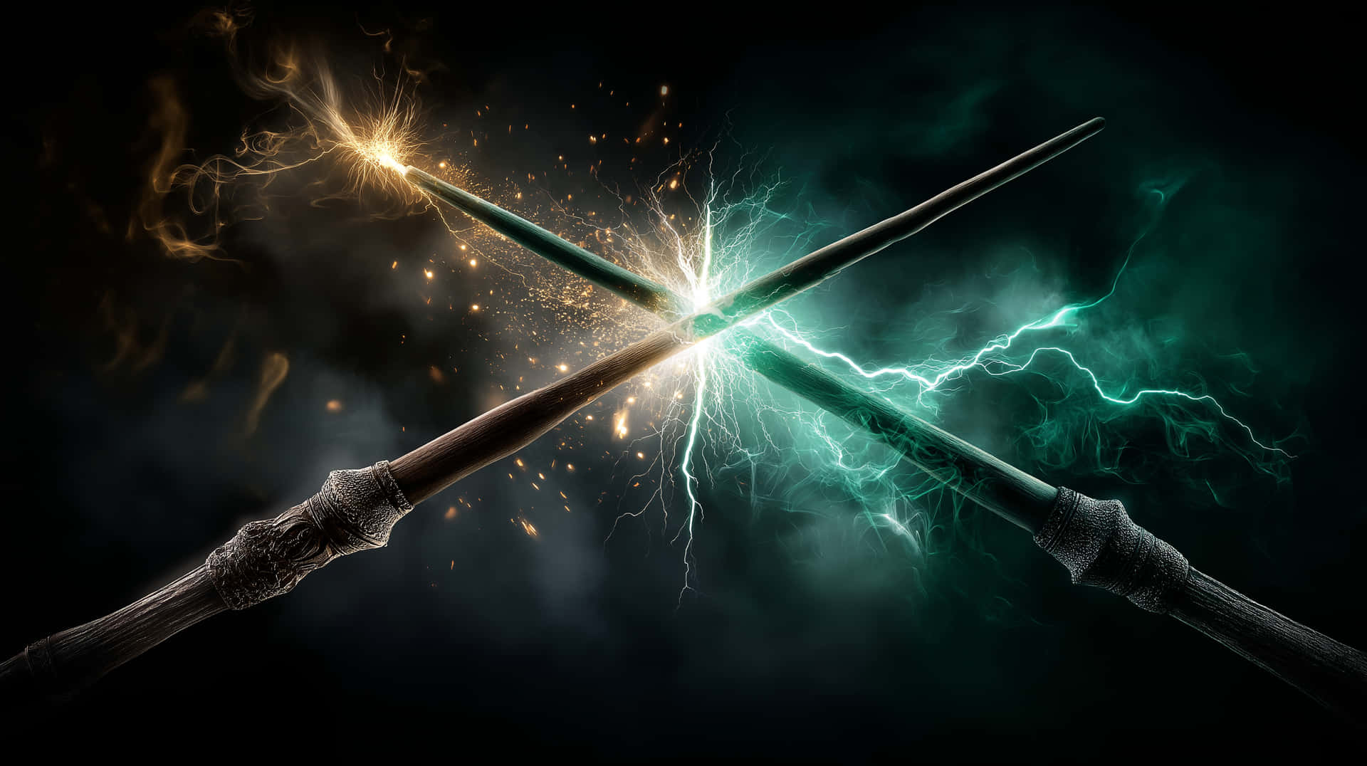 Crossed Magic Wands Unleash Powerful Lightning Clash 壁紙 — 兩根華麗的魔杖在空中碰撞，在黑暗煙霧背景下釋放出金色火花和電光藍綠色閃電。