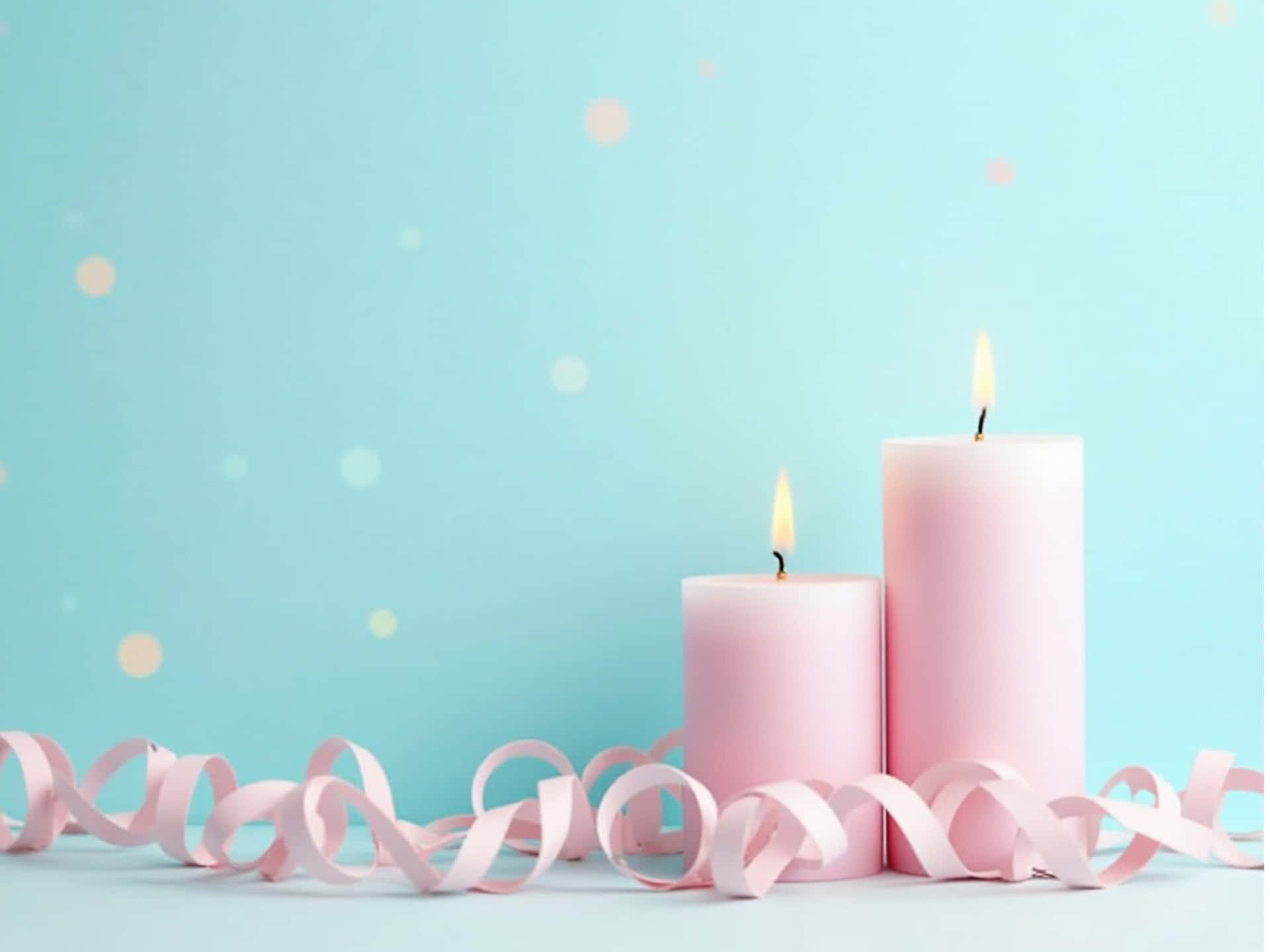 Pastel blue background with pink candles. Wallpaper or wall art use. 壁紙 — 兩根點燃的粉紅色蠟燭立在粉紅色絲帶螺旋旁邊，背景是柔和的藍色和散景燈光。