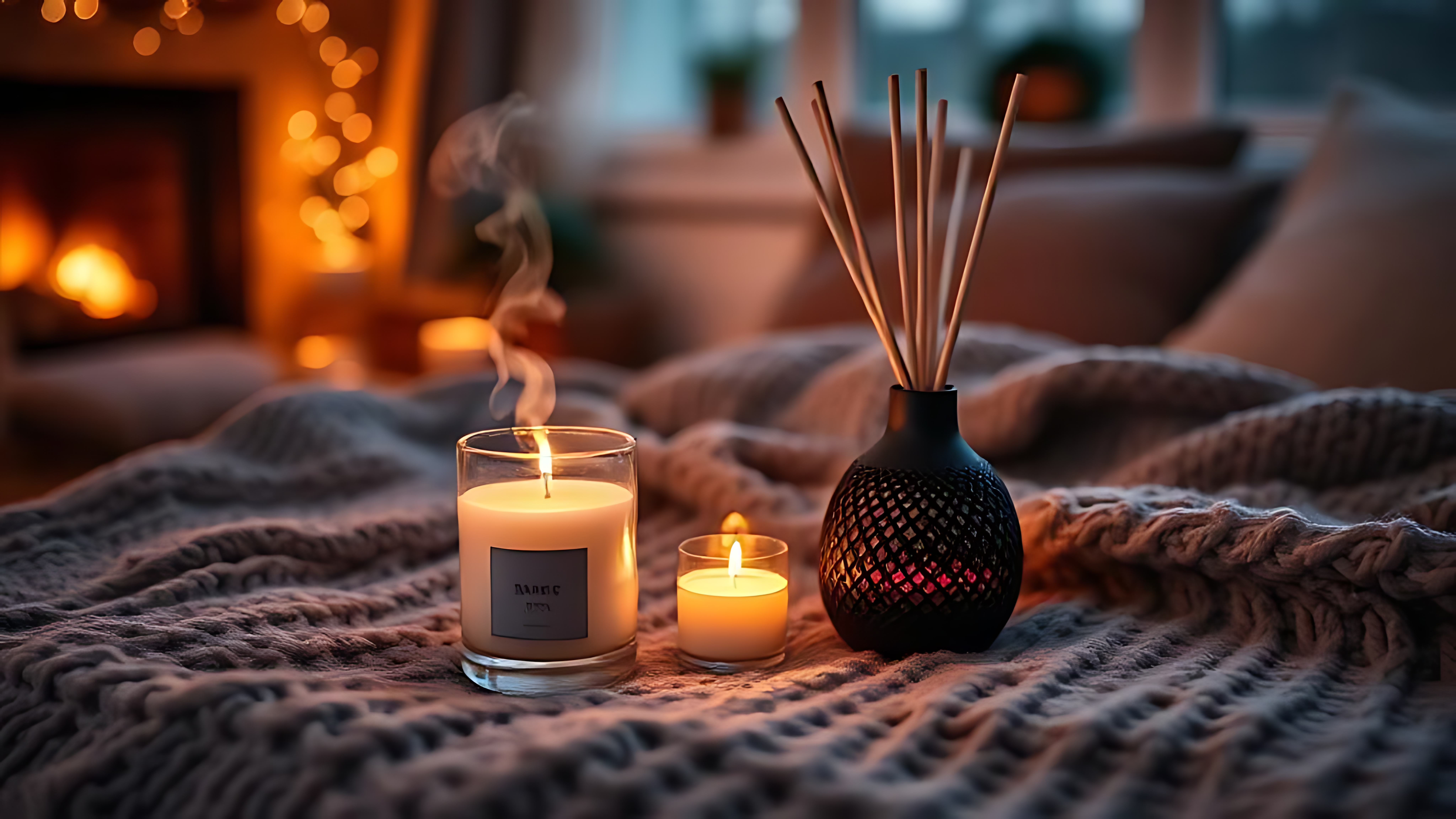 Wool 桌布 壁紙 — 兩根點燃的蠟燭和一個藤條擴香器在噼啪作響的壁爐旁，在帶有紋理的針織毯上溫暖地發光。