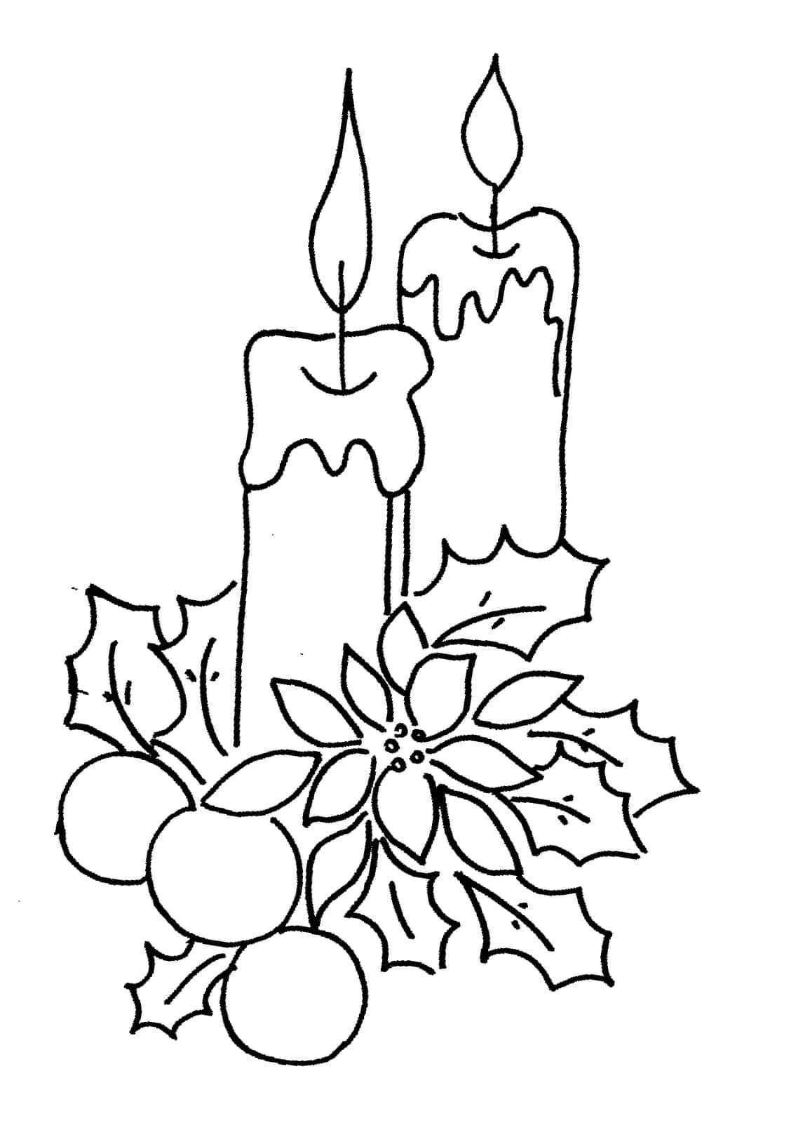 Christmas Coloring 桌布 壁紙 — 兩根點燃的蠟燭在冬青葉、聖誕紅和柳丁旁邊滴蠟，構成節日線條畫。
