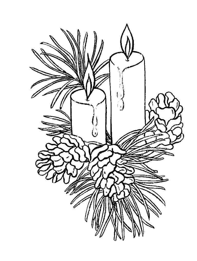 Christmas Coloring 桌布 壁紙 — 兩根點燃的蠟燭在松果和松針旁邊滴蠟，構成節日黑白線條畫。