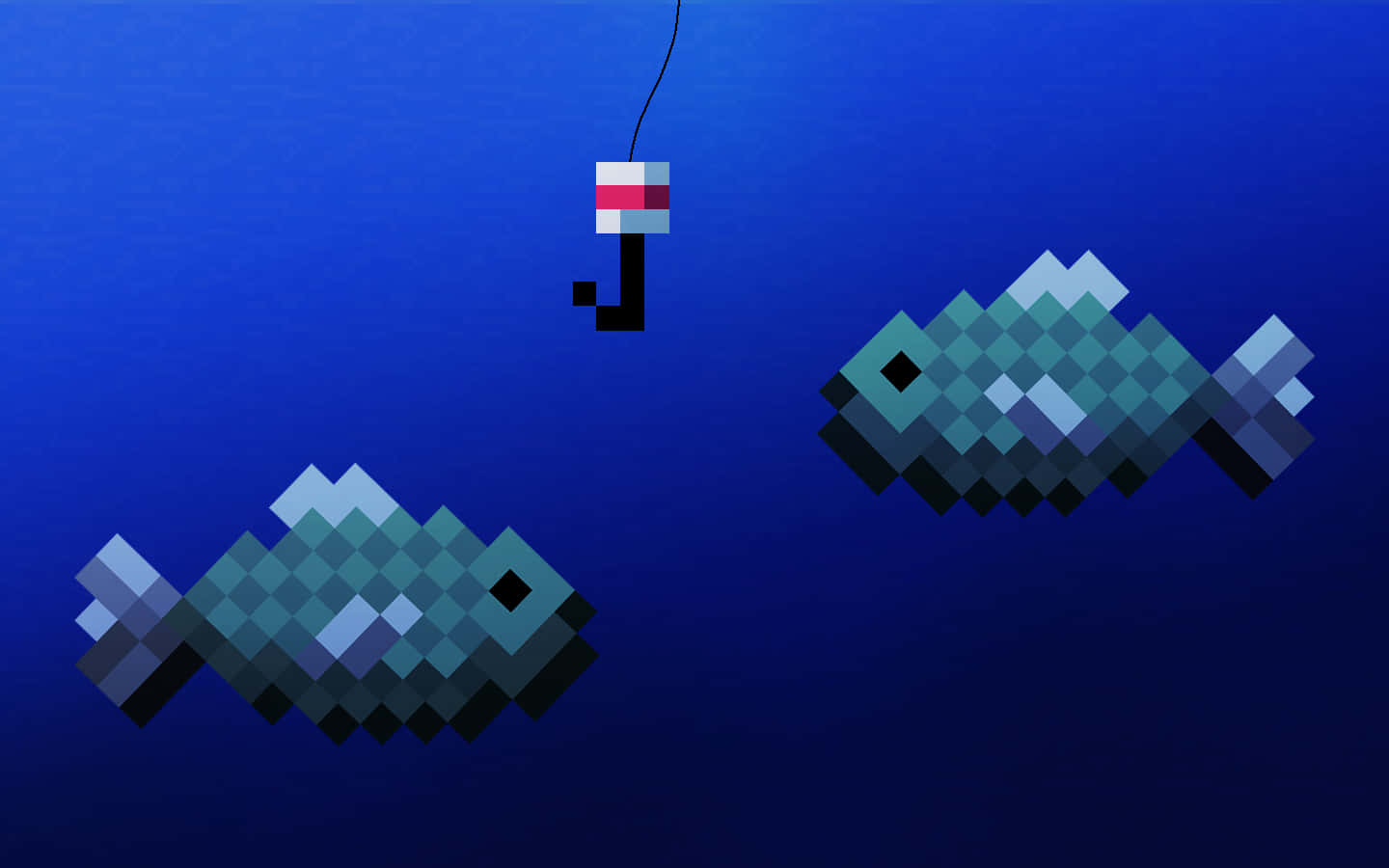 Minecraft Pixel Art 桌布 壁紙 — 兩條像素化的魚在深藍色水中游近一個帶有紅色和白色浮標的魚鉤。
