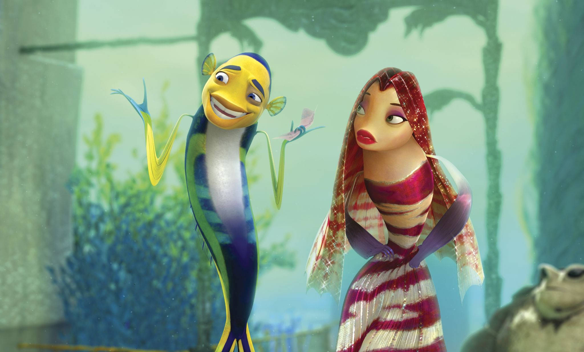 Shark Tale 桌布 壁紙 — 兩條動畫魚角色在珊瑚和氣泡的水下場景中微笑並做手勢。