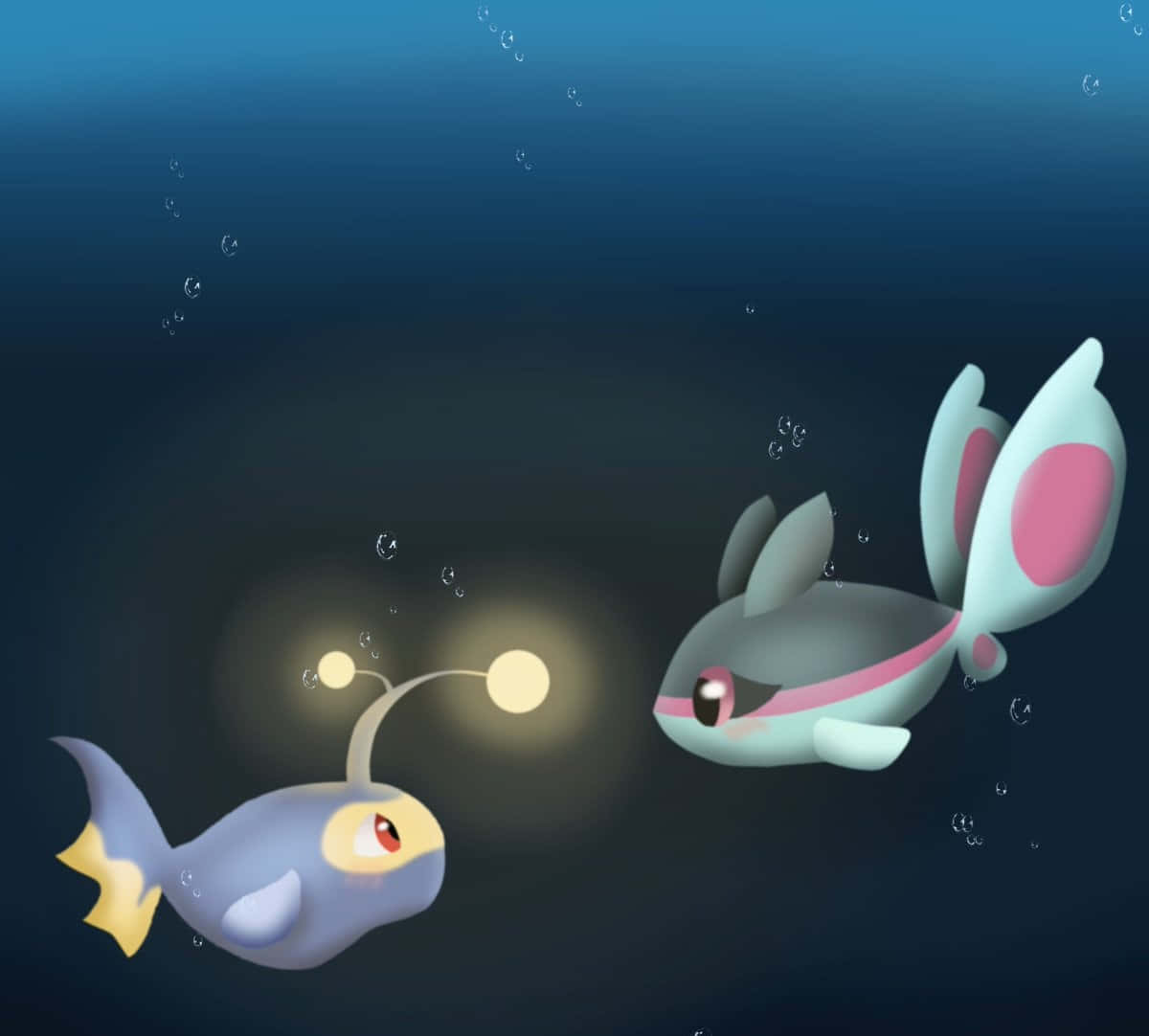 水下動畫 桌布 壁紙 — 兩條卡通魚在深藍色海水中發光，周圍漂浮著氣泡。