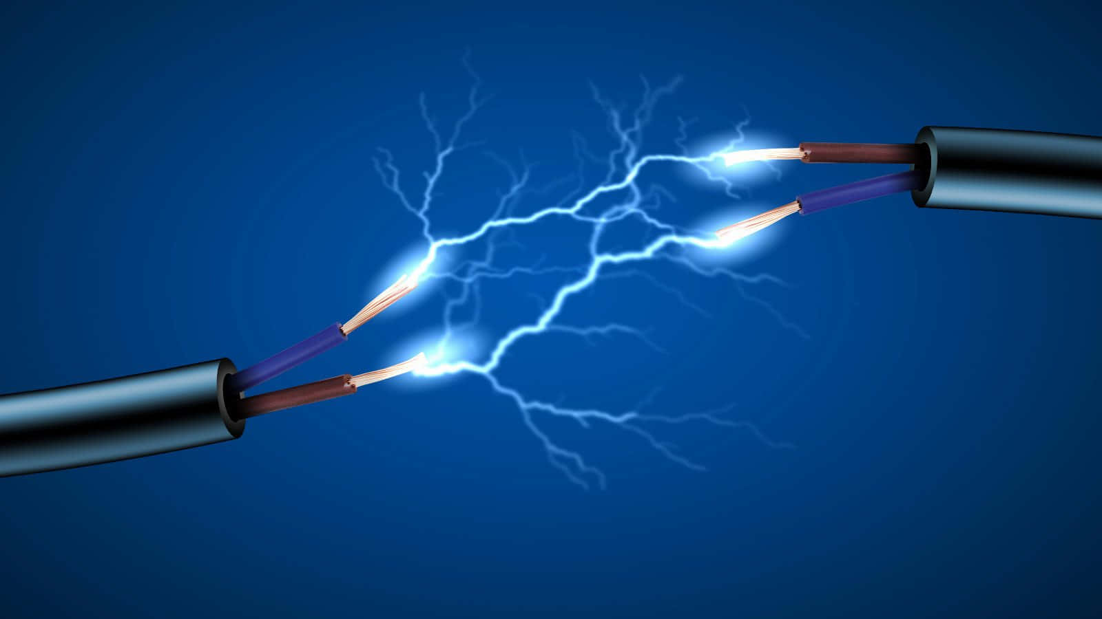 電子 桌布 壁紙 — 兩條外露的電線在深藍色漸變背景上發出鮮豔的藍色閃電火花。