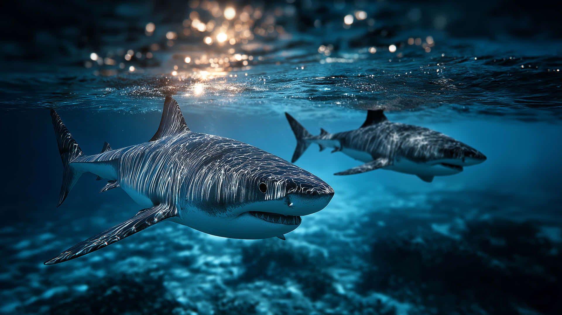 Two Majestic Photorealistic Sharks Cruising in Blue Ocean Depths 壁紙 — 兩條大白鯊在陽光普照的碧綠海水中滑行，上方水面反射出閃爍的光芒。