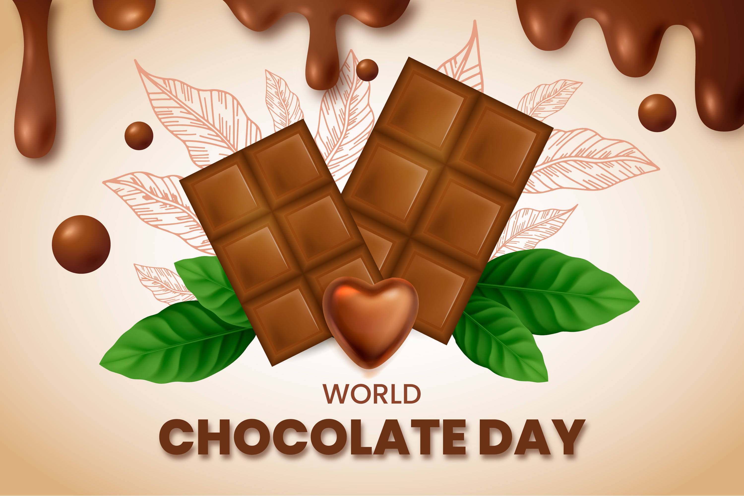 Chocolate 桌布 壁紙 — 兩條巧克力棒和一個心形巧克力，被可可葉和滴落的巧克力包圍，放在米色背景上。